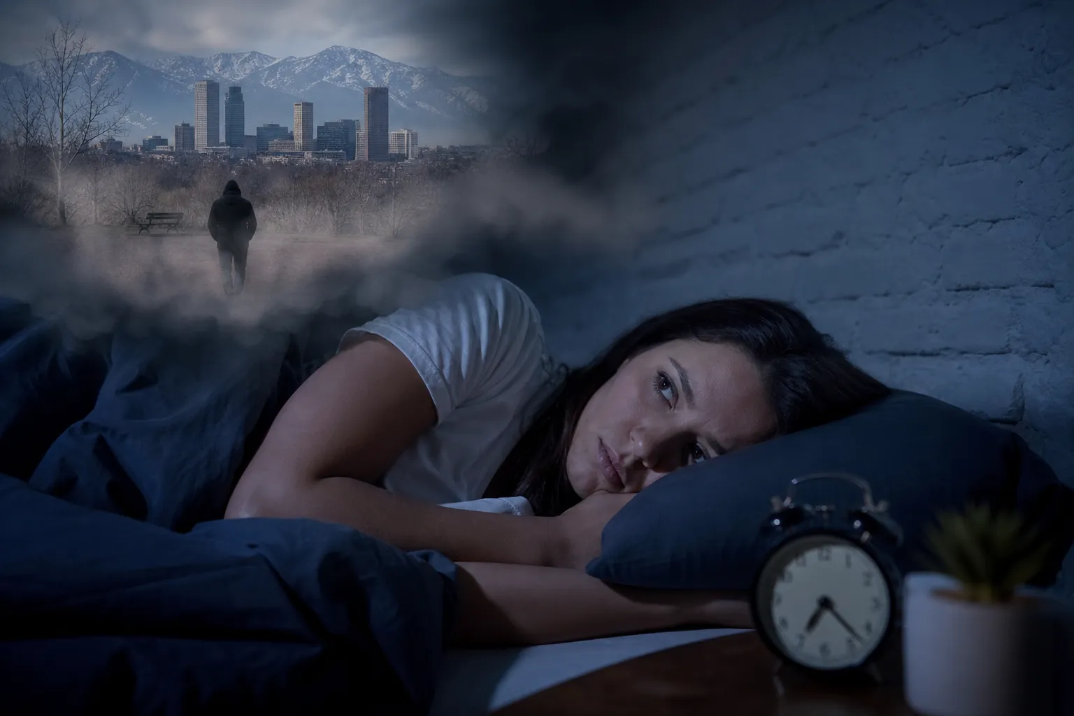 Woman Awake at Night With a Misty City Scene A woman lies awake in a dark bedroom beside an alarm clock, with a misty scene of a lone figure, city skyline and mountains above.