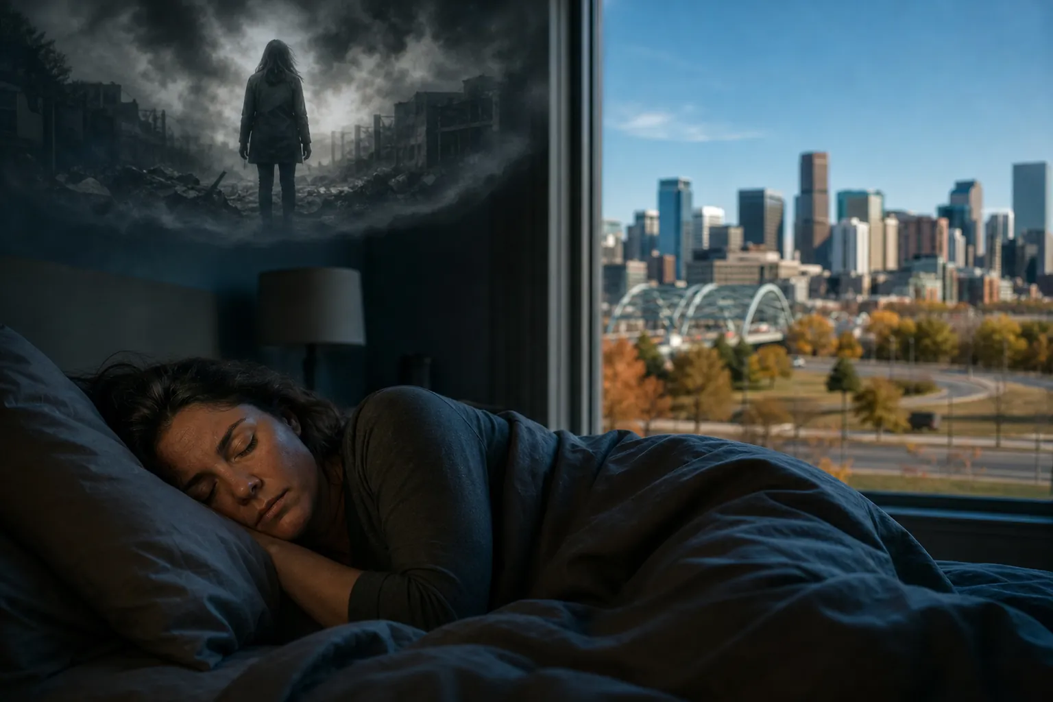 Sleeping Woman With a Dark Nightmare Scene Above Her A woman sleeps beneath dark bedding beside a city-view window, with a shadowy scene of a figure amid ruins above her.