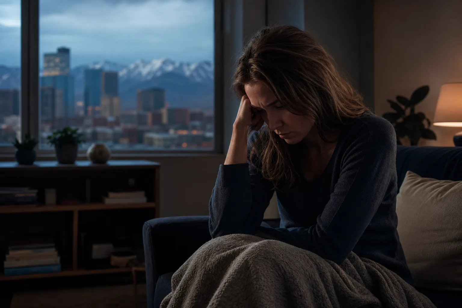 Woman Sitting Pensively on a Sofa at Dusk A woman sits hunched on a sofa with a blanket over her lap and a hand to her forehead, with city buildings and mountains outside.