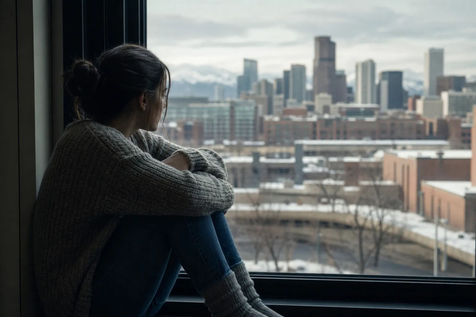 Woman Looking Out a Window at a Snowy City A woman in a gray sweater sits curled up beside a window, looking toward a snowy city skyline and distant mountains.