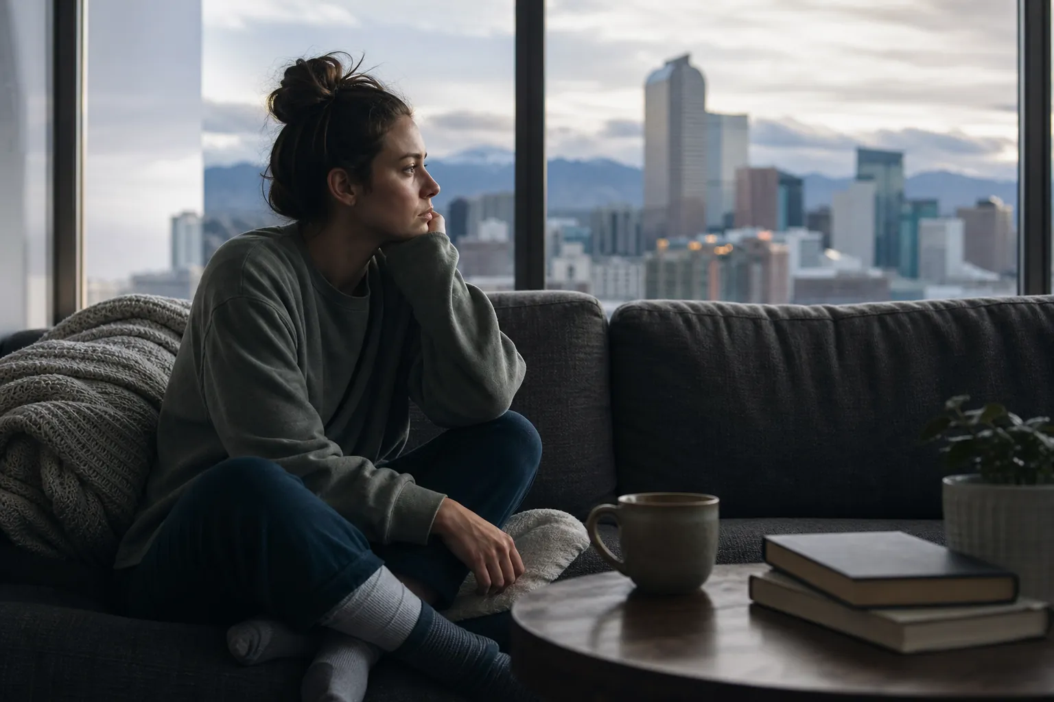Woman Gazing Out a Window from a Dark Sofa A woman sits curled up on a dark sofa, resting her chin on her hand and gazing toward a city skyline through large windows.