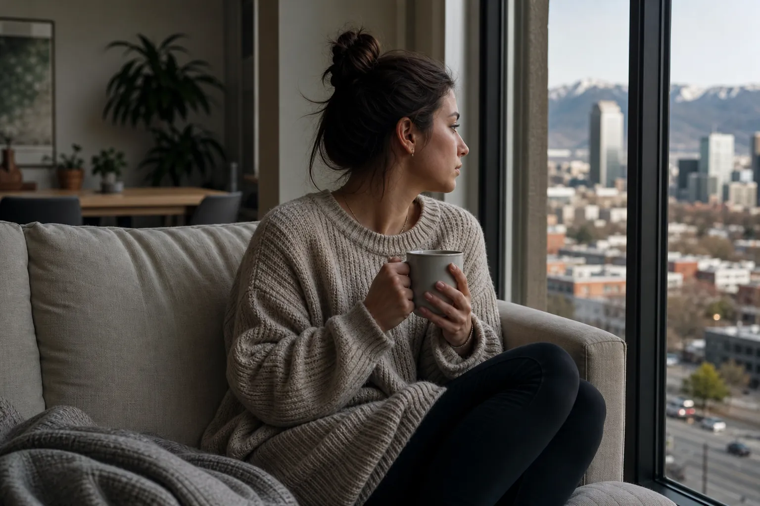Woman Holding a Mug and Gazing Out at the City A woman in a knit sweater sits on a sofa holding a mug, gazing through a window at a city skyline and distant mountains.