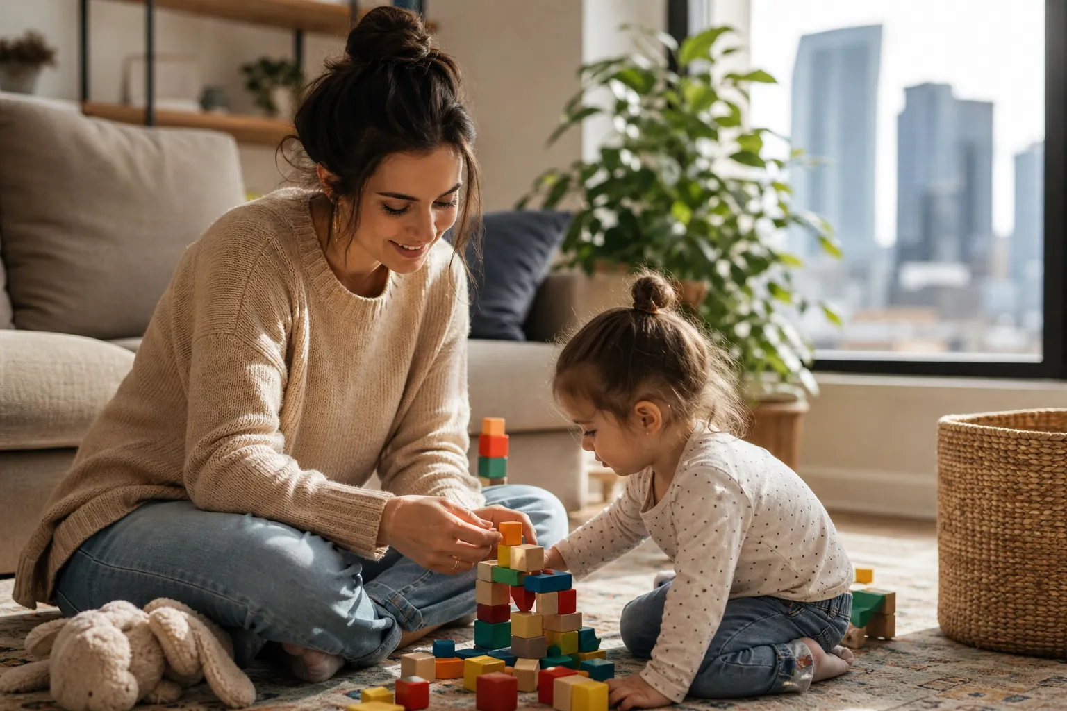 Woman and Young Girl Playing With Wooden Blocks A woman and a young girl sit on a living room rug, stacking colorful wooden blocks beside a stuffed rabbit.