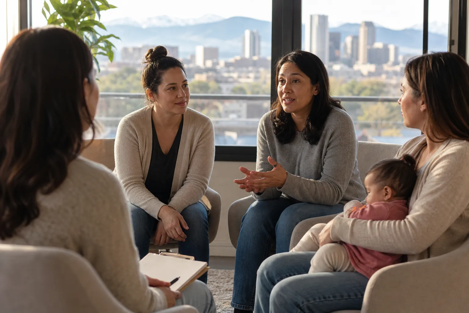 Women's Group Discussion With a Mother and Baby Four women sit in a discussion circle, one holding a baby, with a city skyline and mountains visible through large windows.