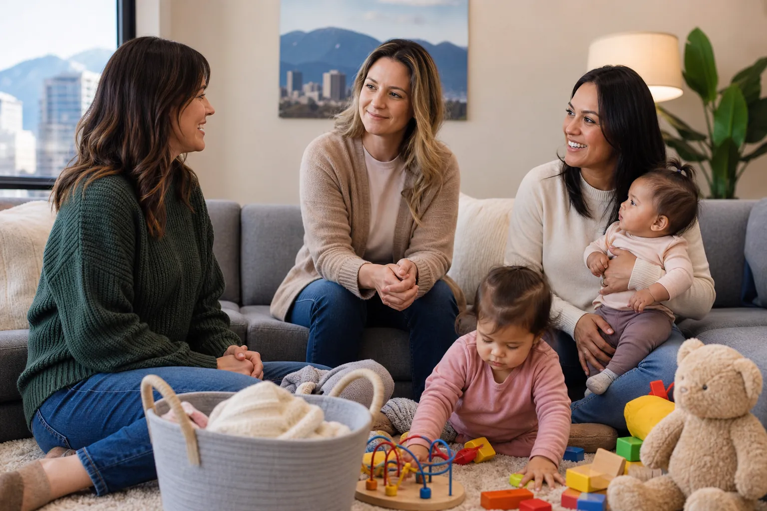 Women Talking While Children Play Nearby Three women sit together in a cozy room while one holds a baby and a young child plays with toys on the rug.