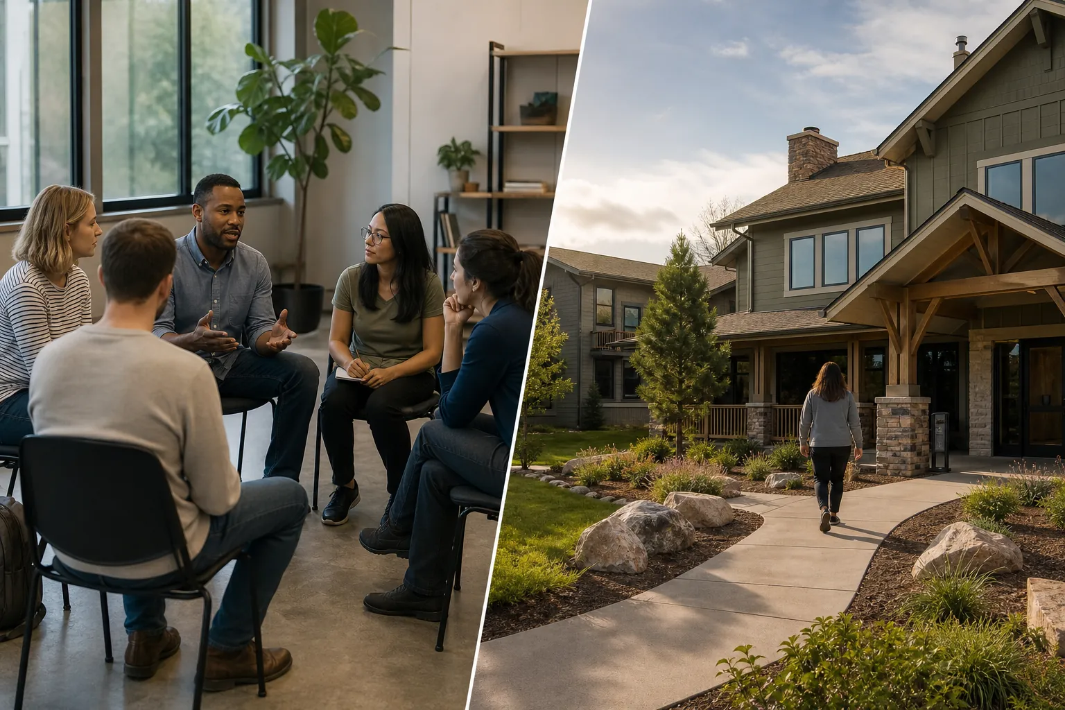 Group Discussion and Lodge-Style Care Setting Split view of five adults in a seated group discussion and a person walking toward a large lodge-style building.