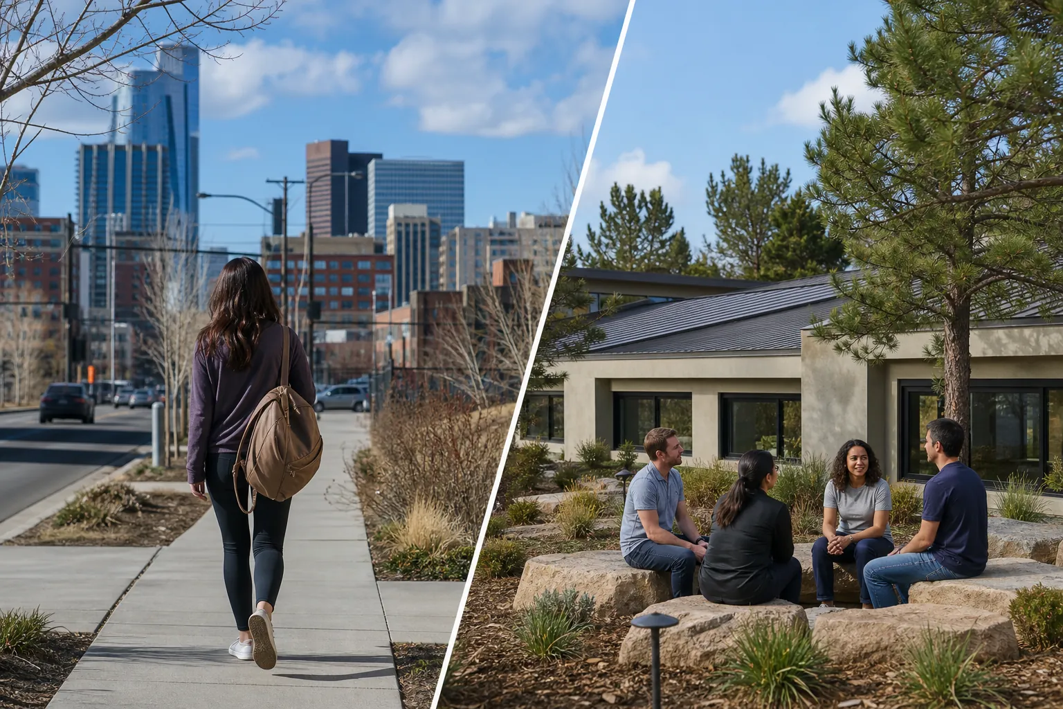 City Walk and Outdoor Group Conversation Split view of a woman walking toward a city skyline and four adults sitting together outside a landscaped building.
