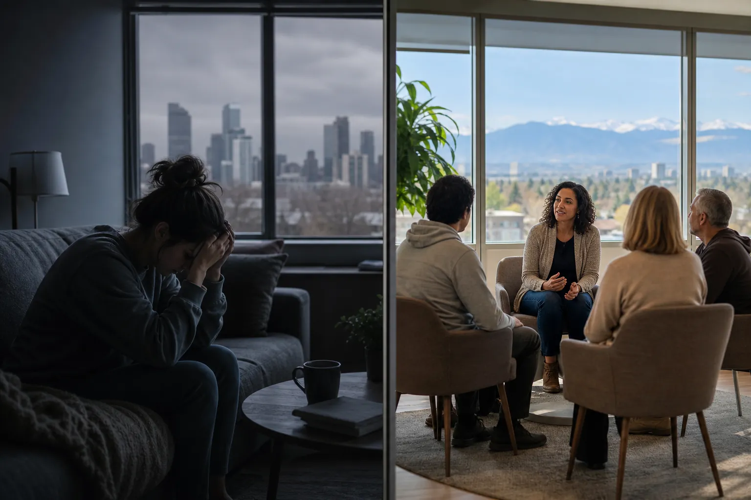 Isolation and Group Therapy in Contrasting Settings Split scene of a person holding their head on a dark couch and four adults in a bright therapy circle with city and mountain views.