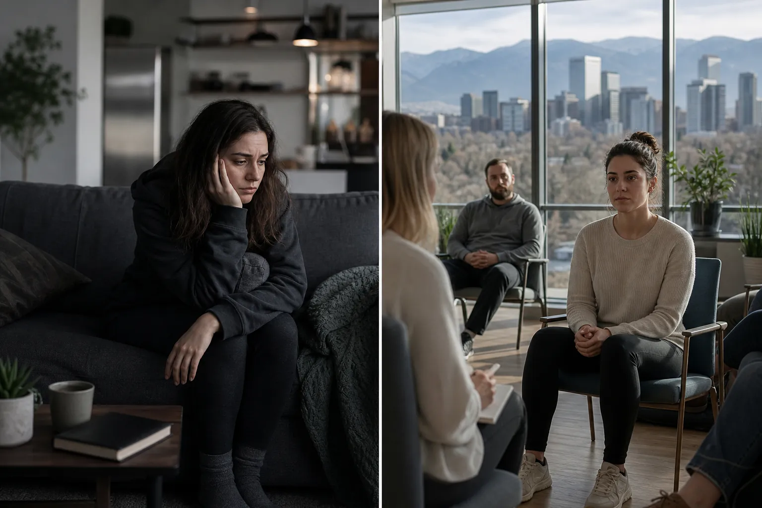 Depression Support: Alone at Home and in Group Therapy Split view of a downcast woman alone on a couch and people in a therapy group with a city skyline and mountains outside.