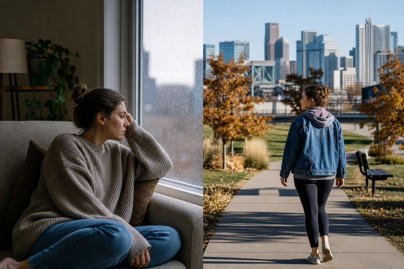 Quiet Reflection Indoors and a Walk Through a City Park Split scene of a woman sitting pensively beside a rain-speckled window and a woman walking toward a city skyline on a park path.
