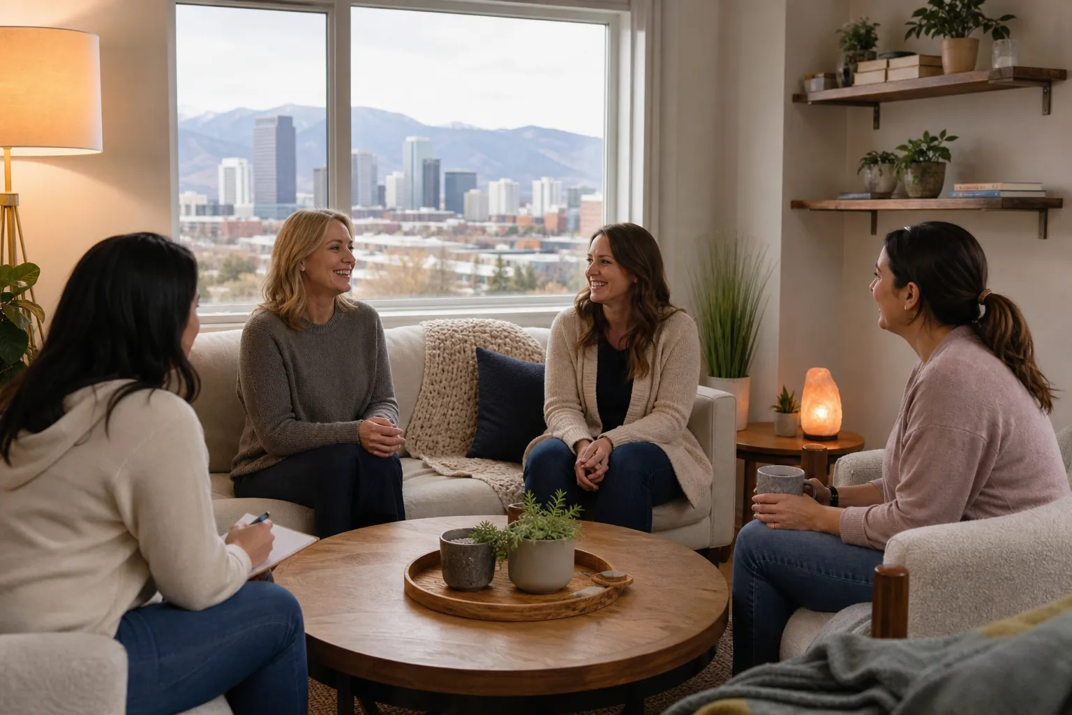 Women in a Group Counseling Session With Mountain Views Four women sit in a cozy counseling room around a wooden coffee table, with a city skyline and mountains visible through the window.