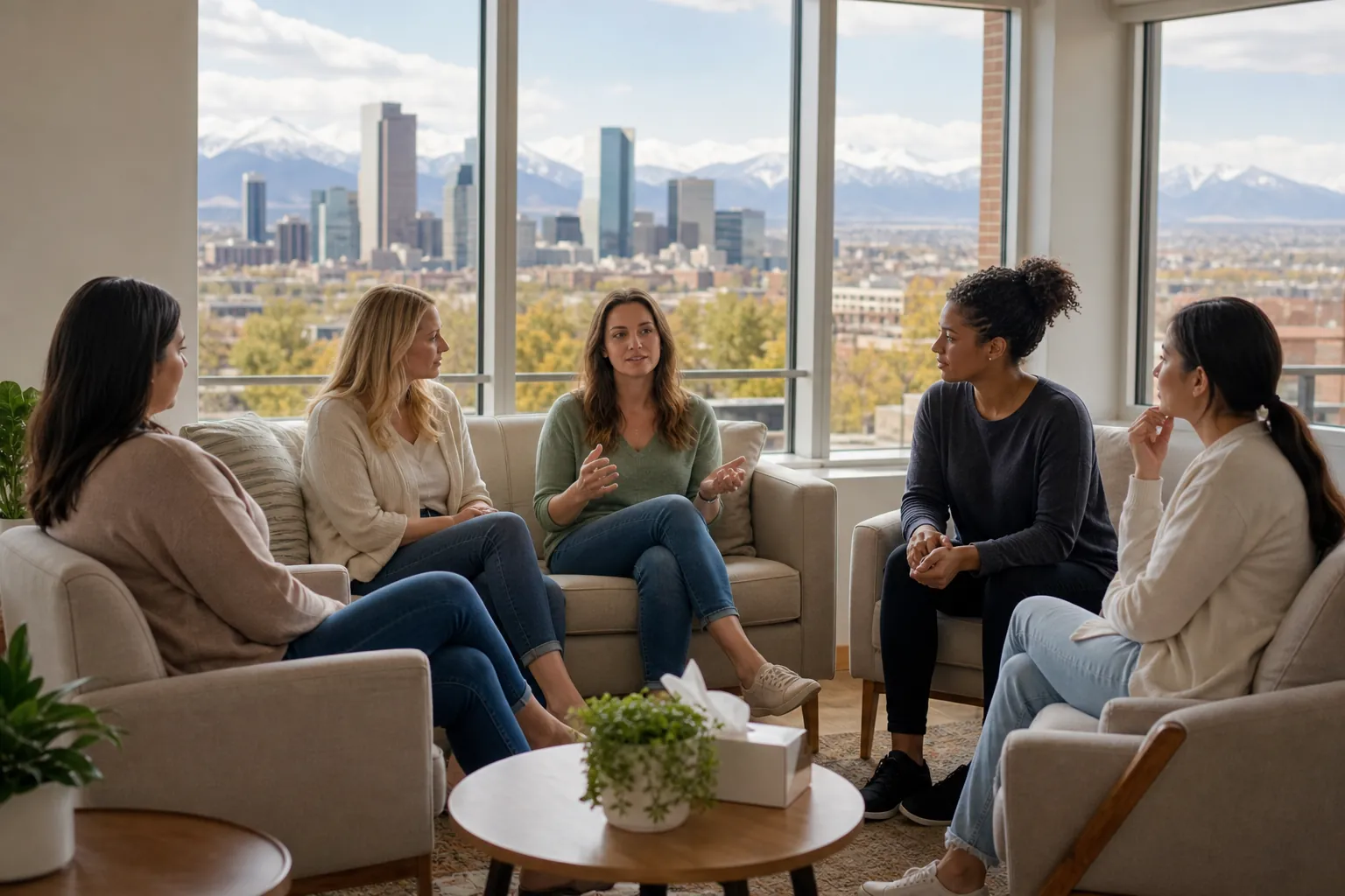 Women in a Group Discussion With Mountain Views Five women sit in a circle for a discussion in a bright lounge overlooking a city skyline and snowcapped mountains.