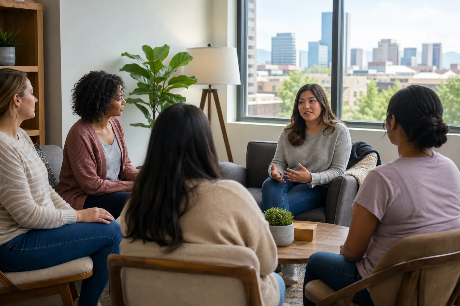 Women Sharing in a Group Discussion With City Views Five women sit in a circle in a bright lounge, listening to one woman speak, with a city skyline beyond large windows.