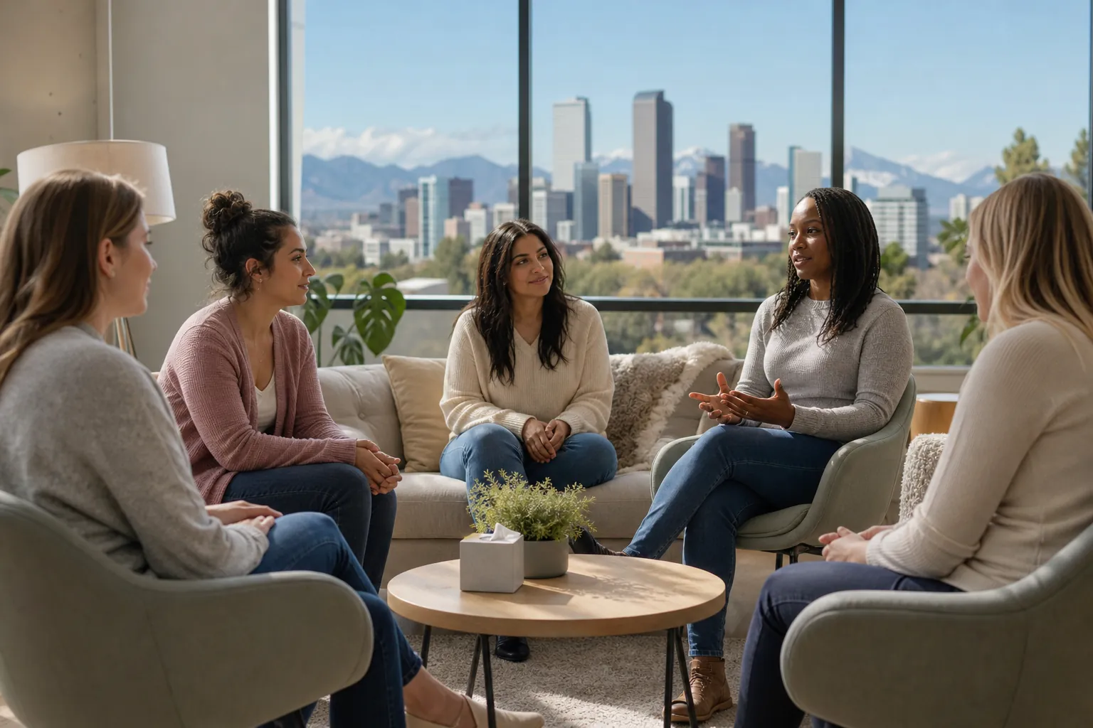 Women's Group Discussion With City and Mountain Views Five women sit in a discussion circle around a coffee table, with a city skyline and mountains visible through large windows.
