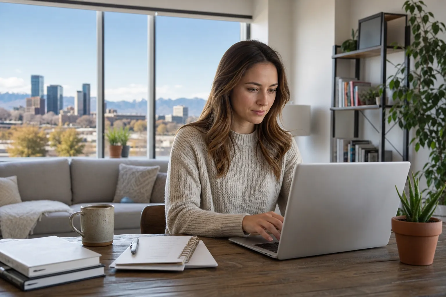 Woman Using a Laptop With City and Mountain Views A woman uses a laptop at a wooden table with notebooks, a mug, and plants, with a city skyline and mountains beyond the windows.