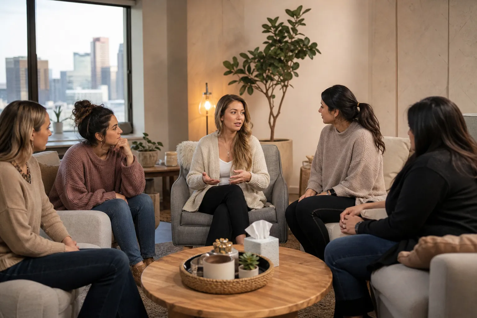 Women Seated Together in a Group Discussion Five women sit in a circle around a wooden coffee table, listening as the woman in the center gestures while speaking.