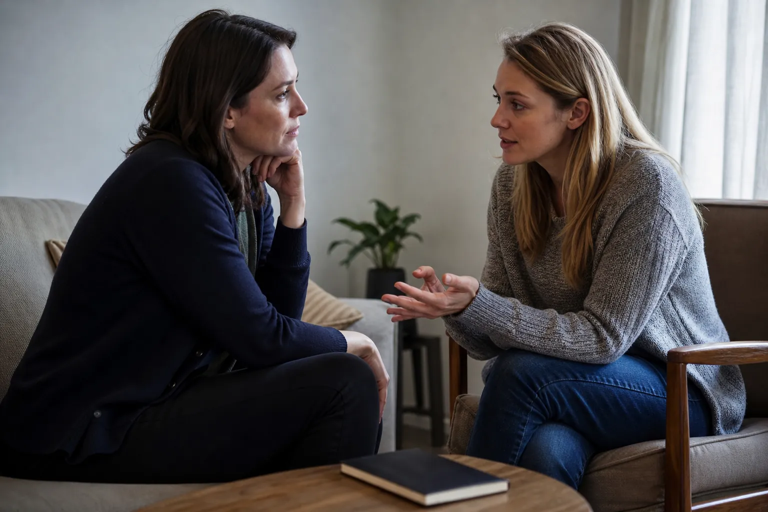 Two Women in a Seated Conversation Two women sit facing each other in a softly lit room, one gesturing while the other listens with her chin resting on her hand.