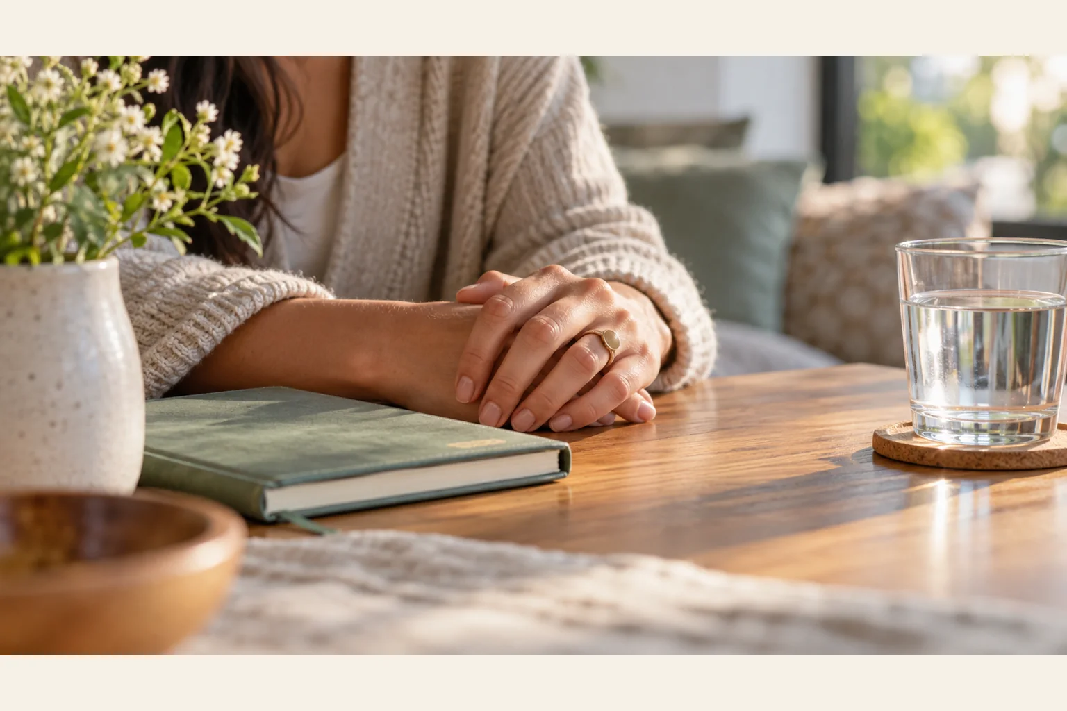 Quiet Moment With Clasped Hands at a Wooden Table A person in a knit cardigan rests clasped hands on a wooden table beside a closed green book, flowers, and a glass of water.