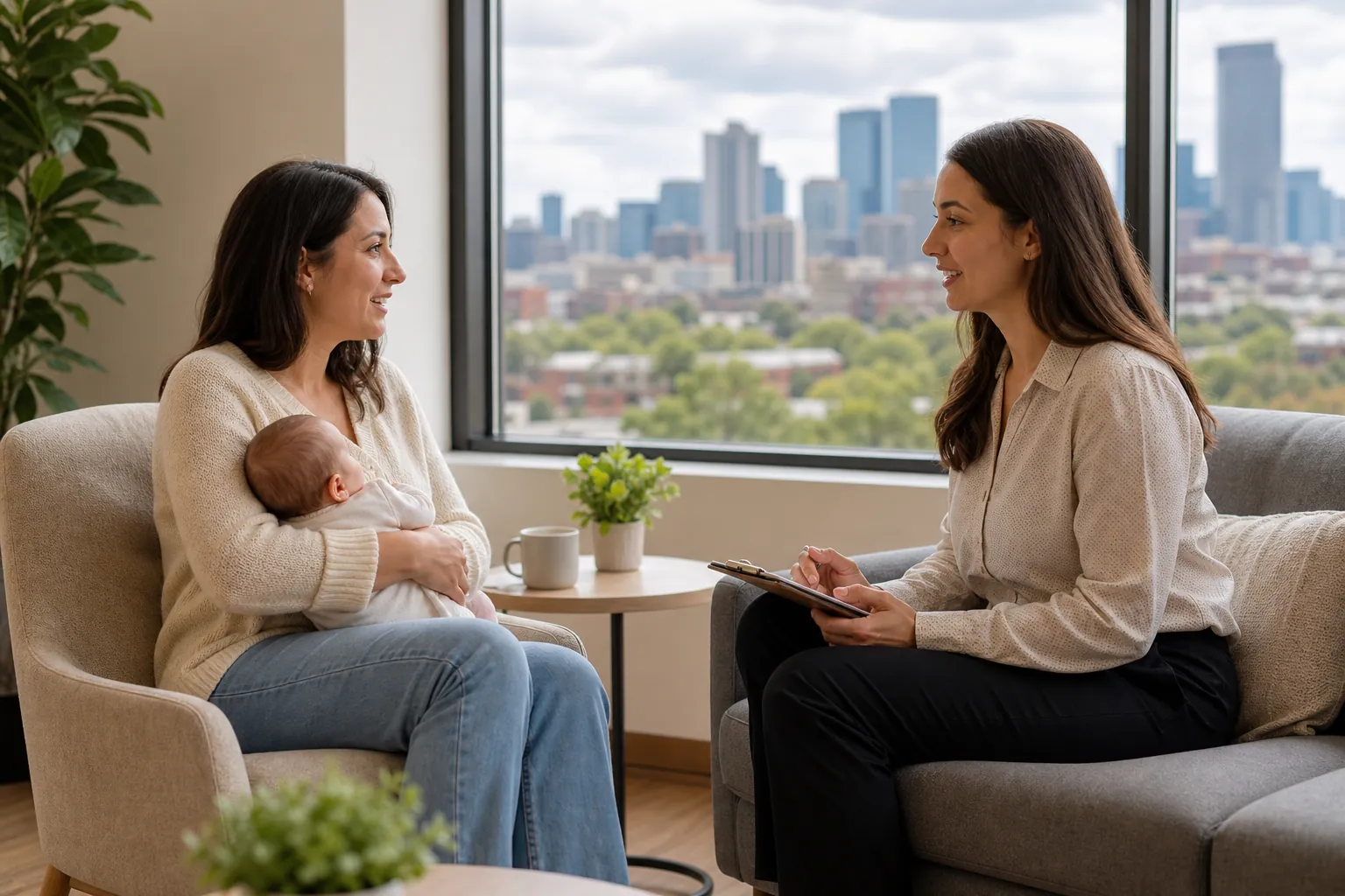 Mother and Baby in a Postpartum Care Consultation A woman cradles a baby while talking with another woman holding a clipboard in a bright room overlooking a city skyline.