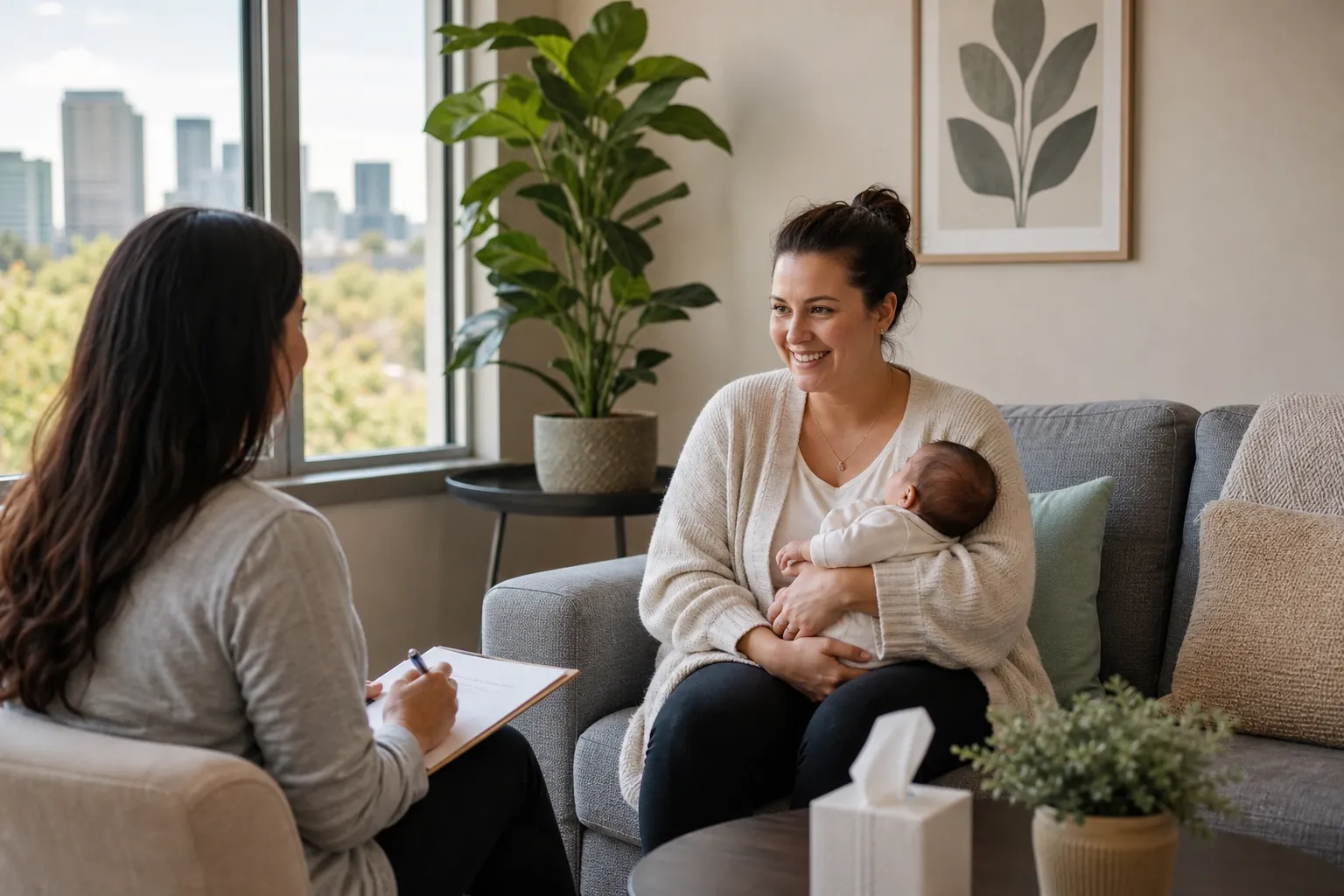 Mother Holding a Baby During a Postpartum Consultation A smiling woman cradles a baby on a gray sofa while speaking with a seated woman holding a pen and clipboard.
