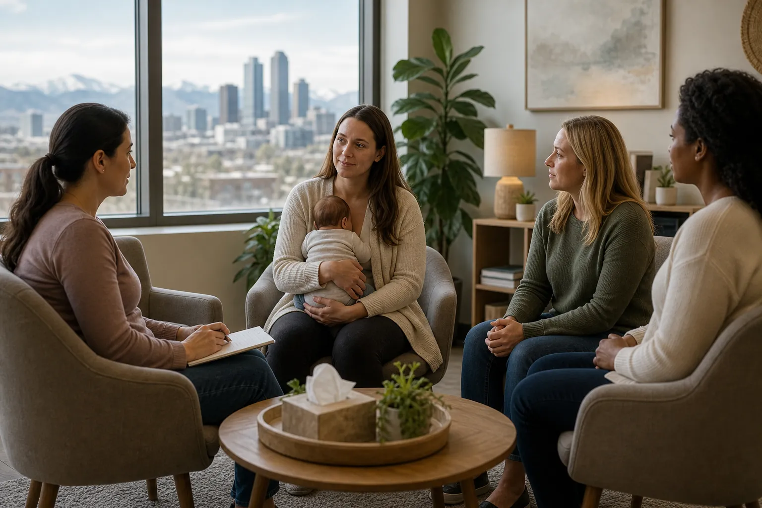 Postpartum Group Counseling With a Mother and Baby Four women sit in a counseling circle, one holding a baby, with a city skyline and mountains visible through large windows.