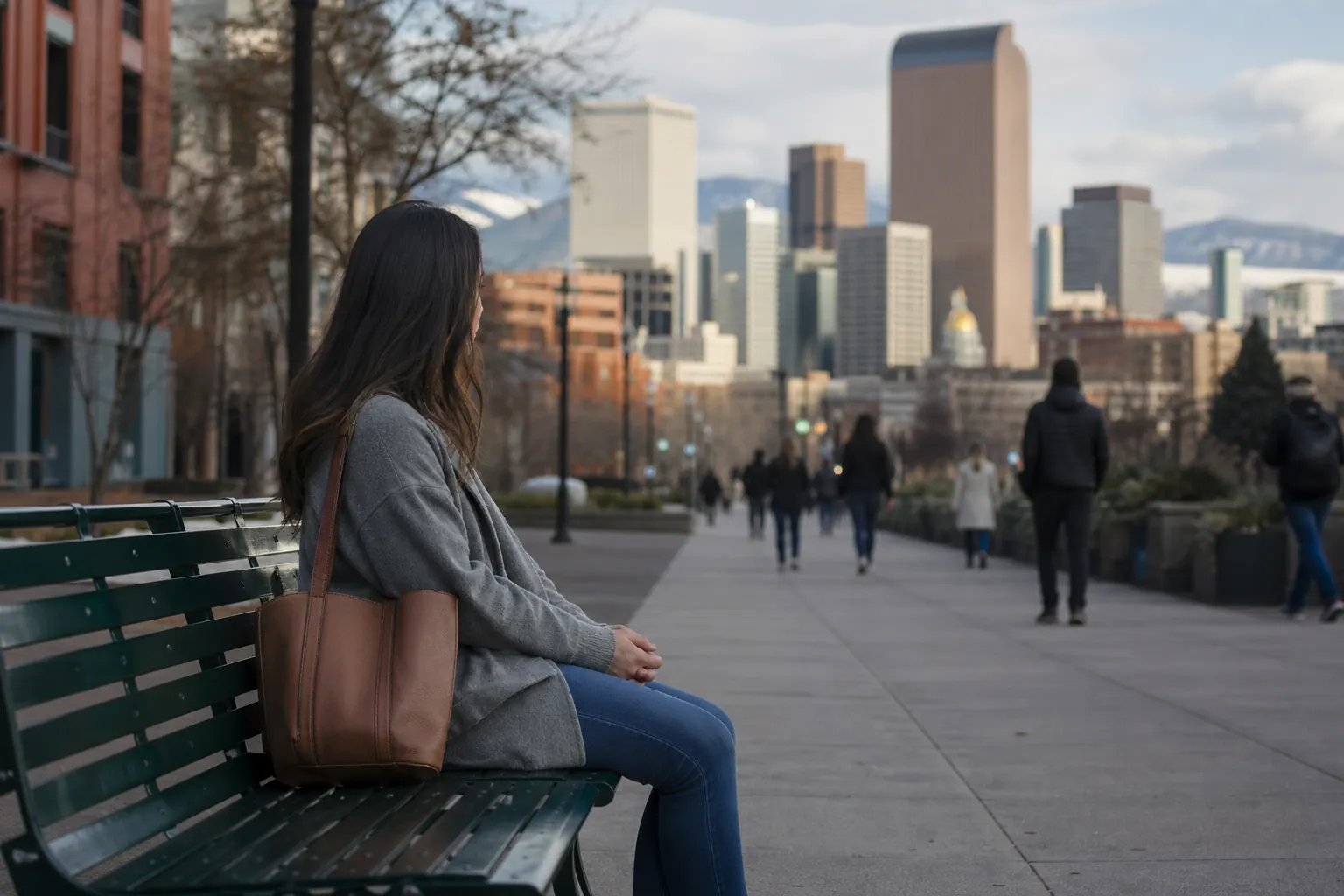 Woman Sitting on a Bench Overlooking Downtown Denver A woman with a brown tote bag sits on a green bench overlooking pedestrians, Denver's skyline, and distant mountains.