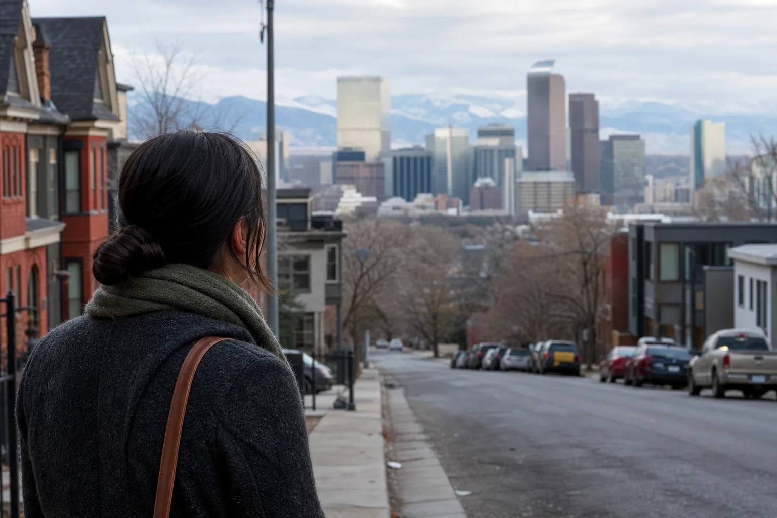 Person Overlooking a Neighborhood and Denver Skyline A person seen from behind wears a dark coat and green scarf, looking down a residential street toward Denver's skyline.
