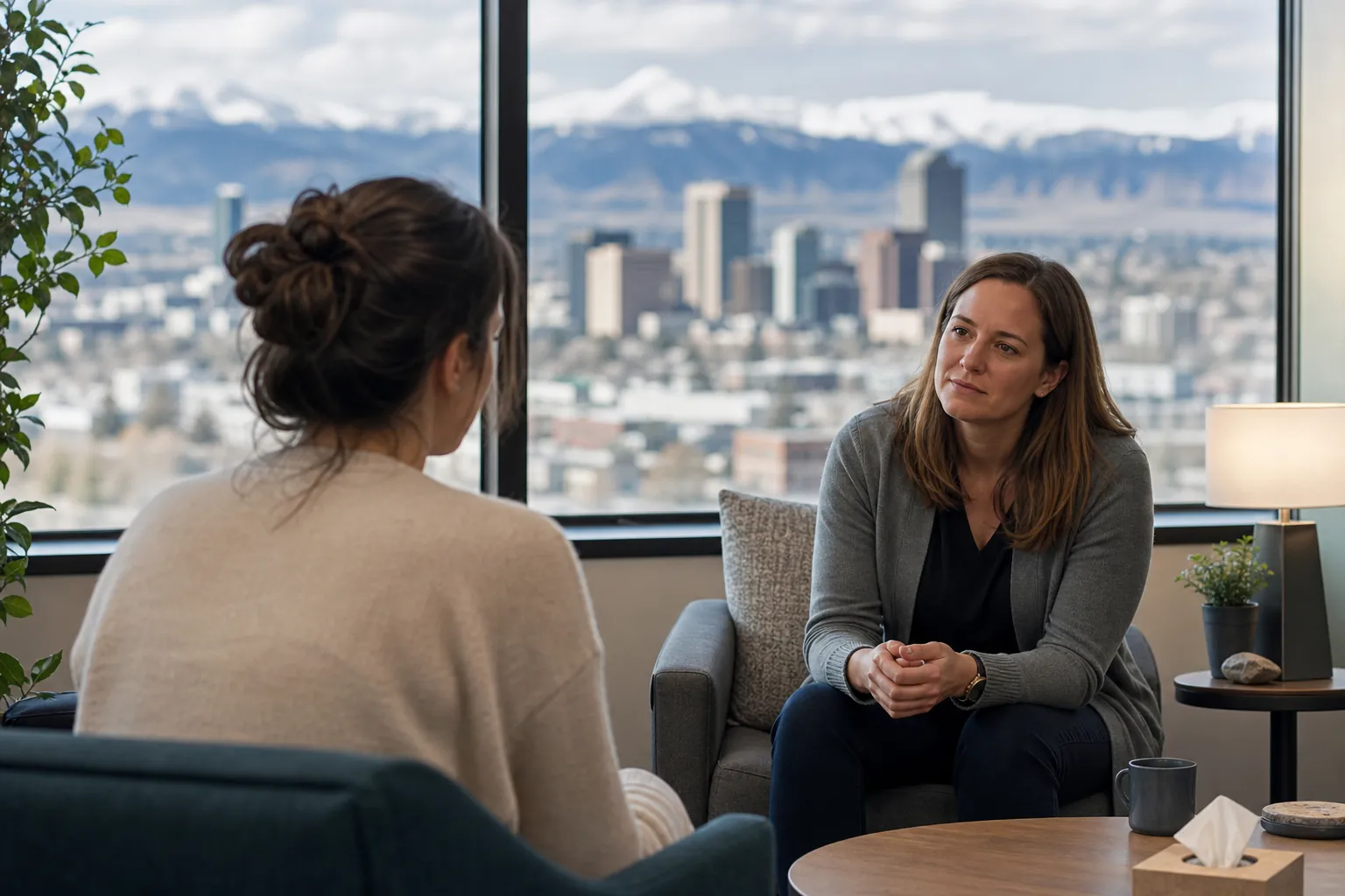 Two Women Talking in a City-View Office Two women sit facing each other in an office with a tissue box, a lamp, and large windows overlooking a city and mountains.