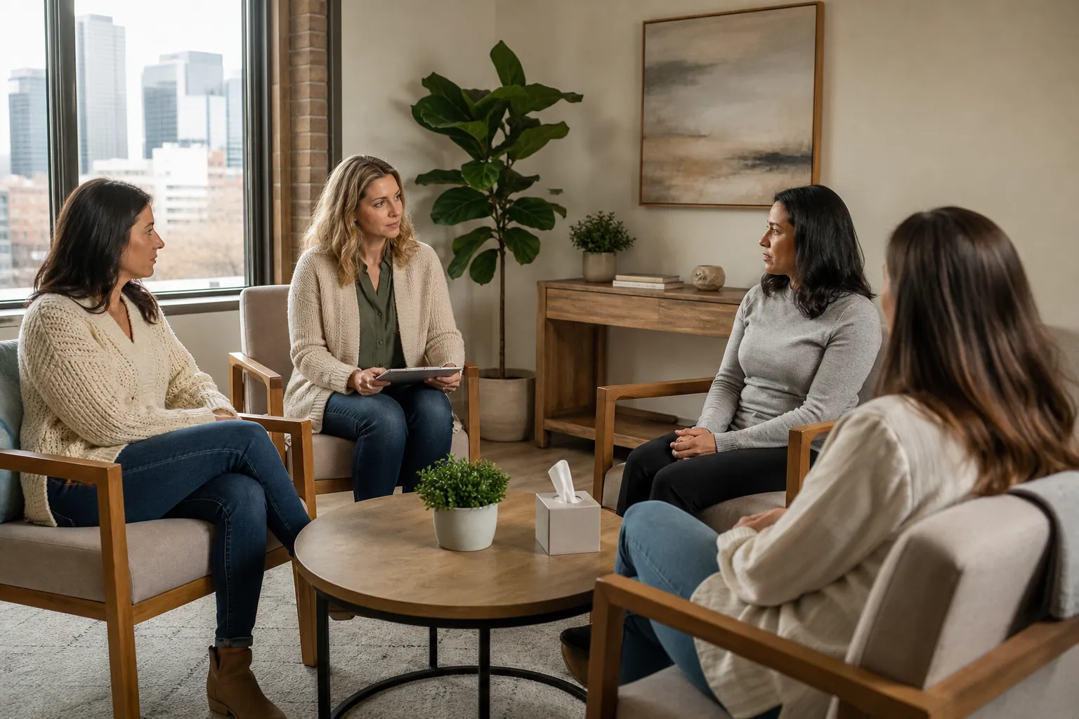 Women Seated Together for an Office Discussion Four women sit in a circle in a bright office, one holding a tablet, with tissues and a plant on a round coffee table.