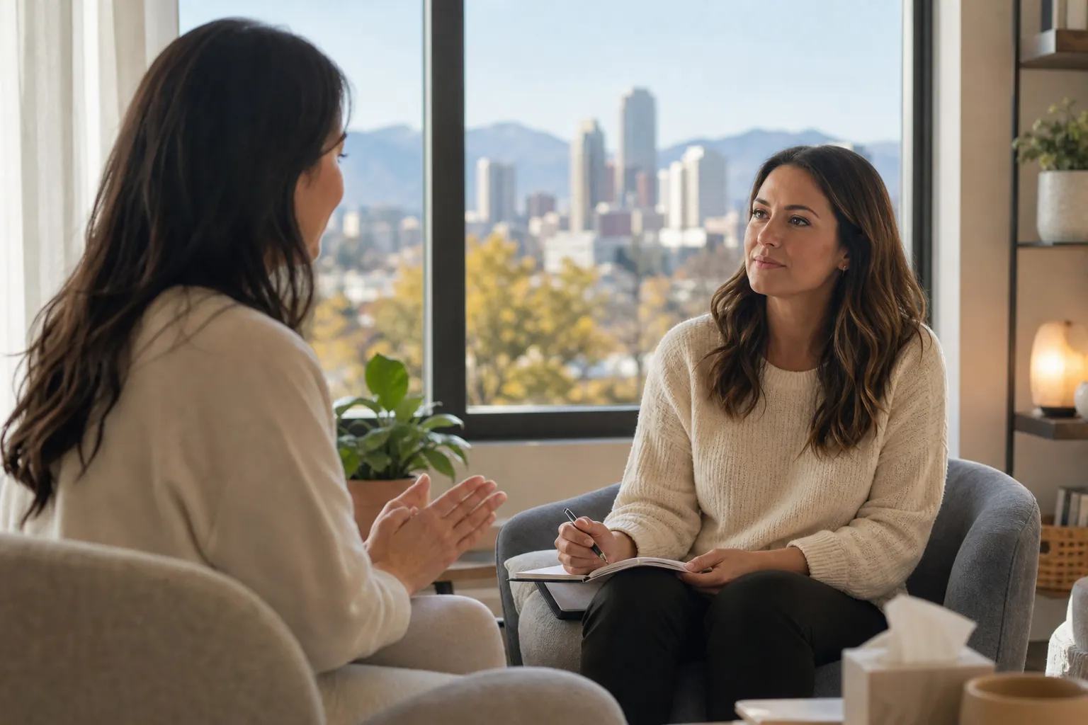 Two Women in a Counseling Conversation Two women sit facing each other in an office, one holding a pen and notebook, with a city skyline through the window.