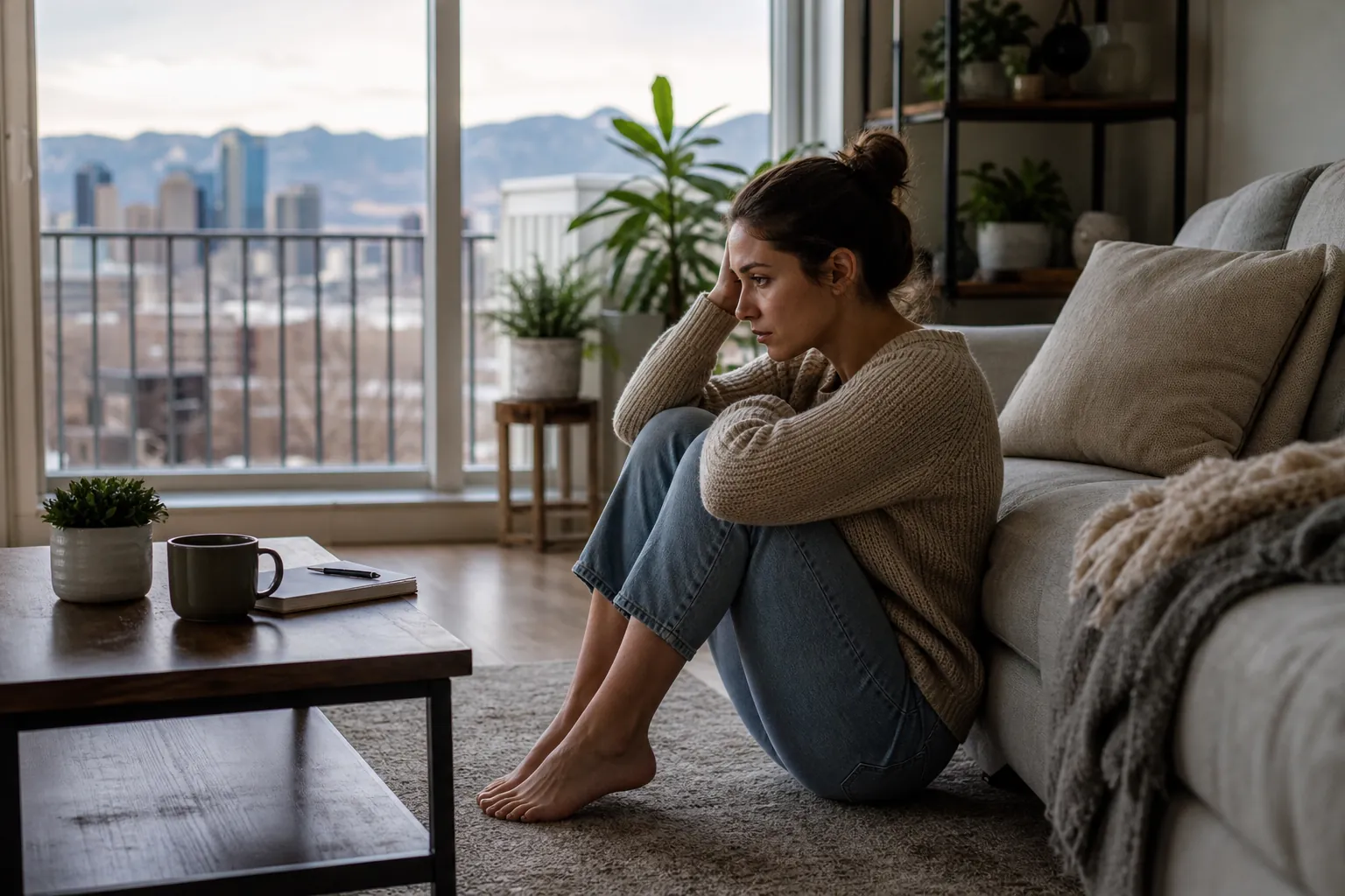 Woman Sitting on the Floor Beside a Sofa A barefoot woman sits on the floor against a sofa, knees drawn up and head resting on one hand, with city views behind her.