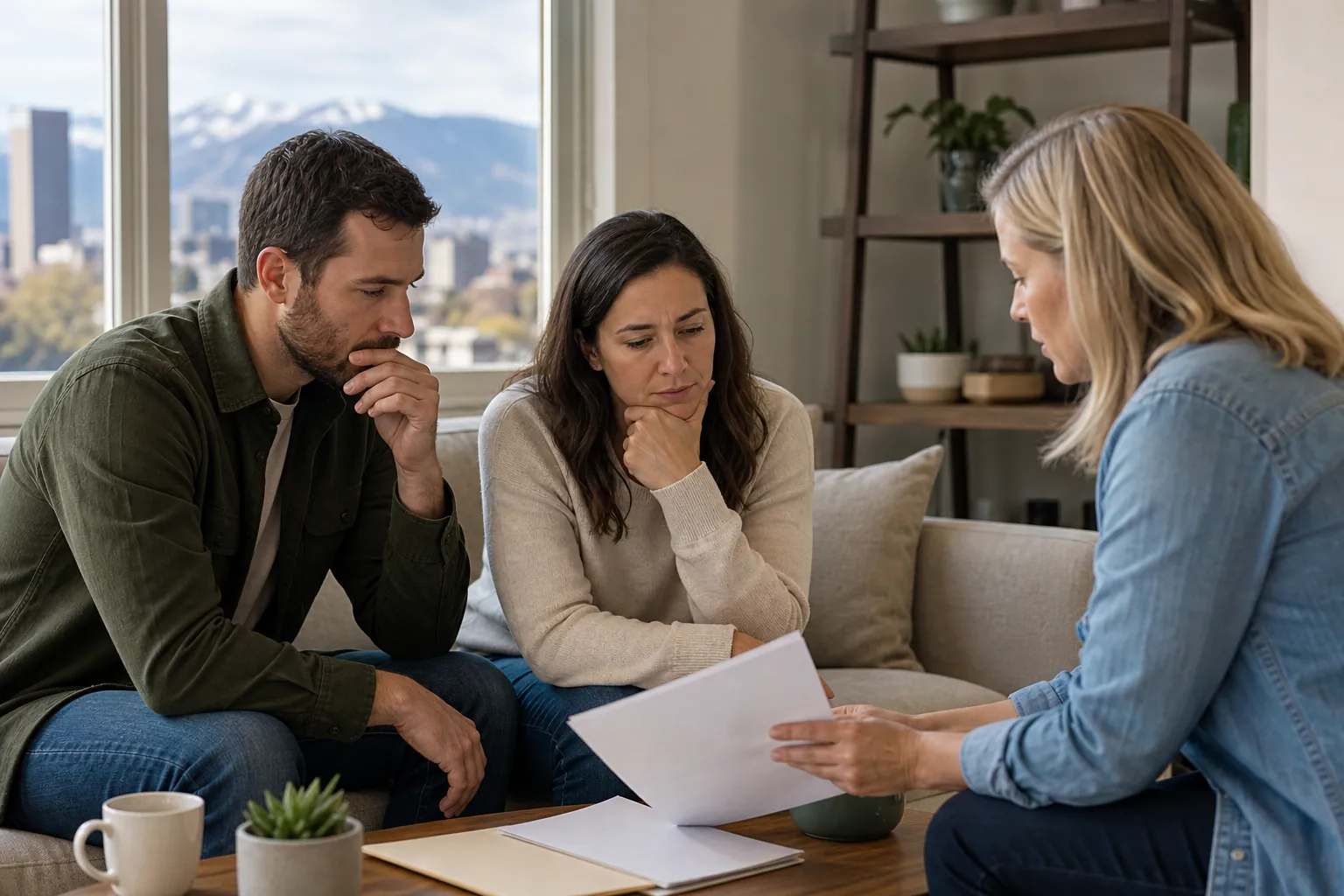 Concerned Couple Discussing Options with a Woman A concerned couple sits on a sofa facing a woman holding papers, with a coffee table and mountain views through the window.
