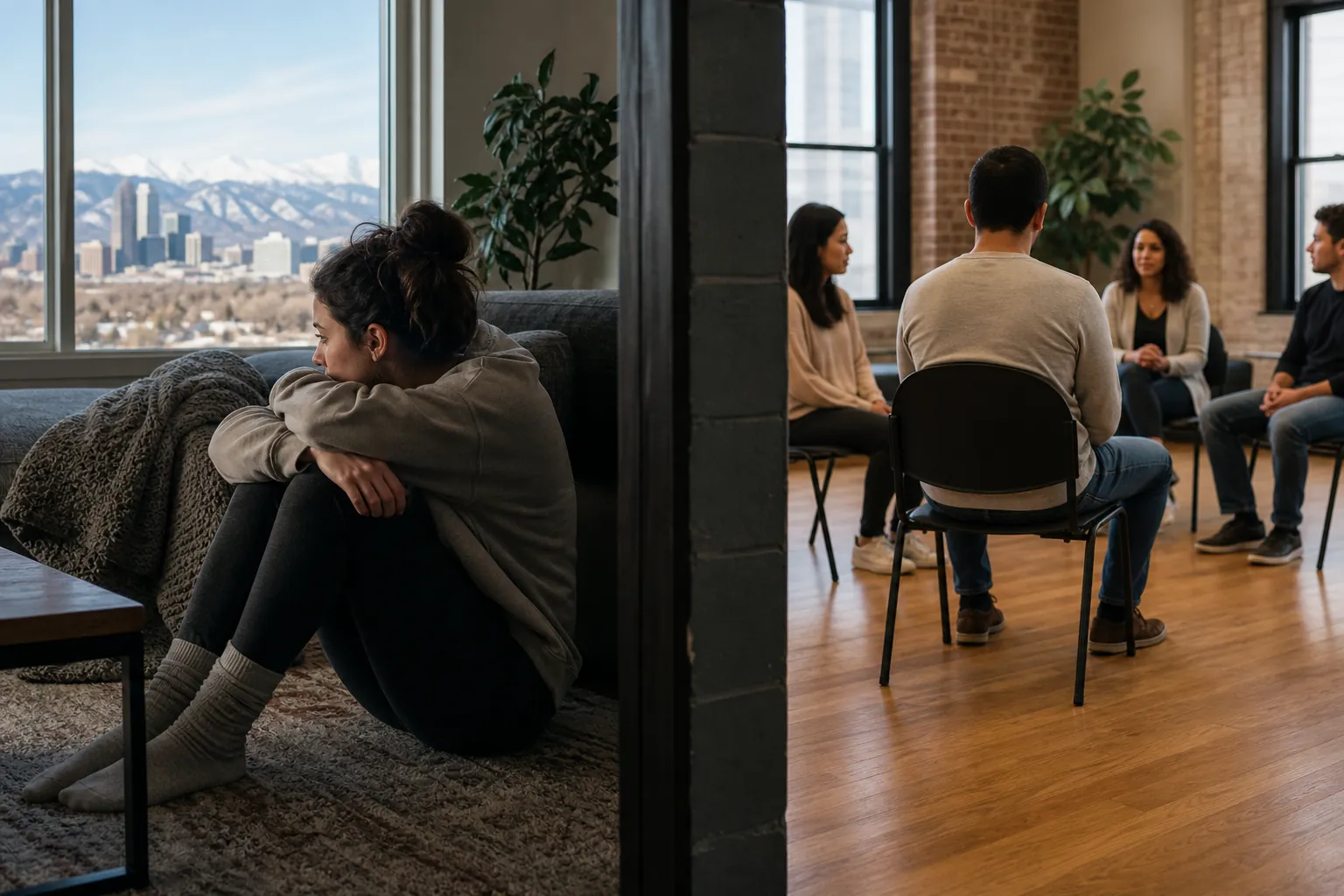 Solitude at Home Beside a Group Discussion A woman sits curled up beside a couch while four adults gather in a nearby seating circle, with mountains visible outside.