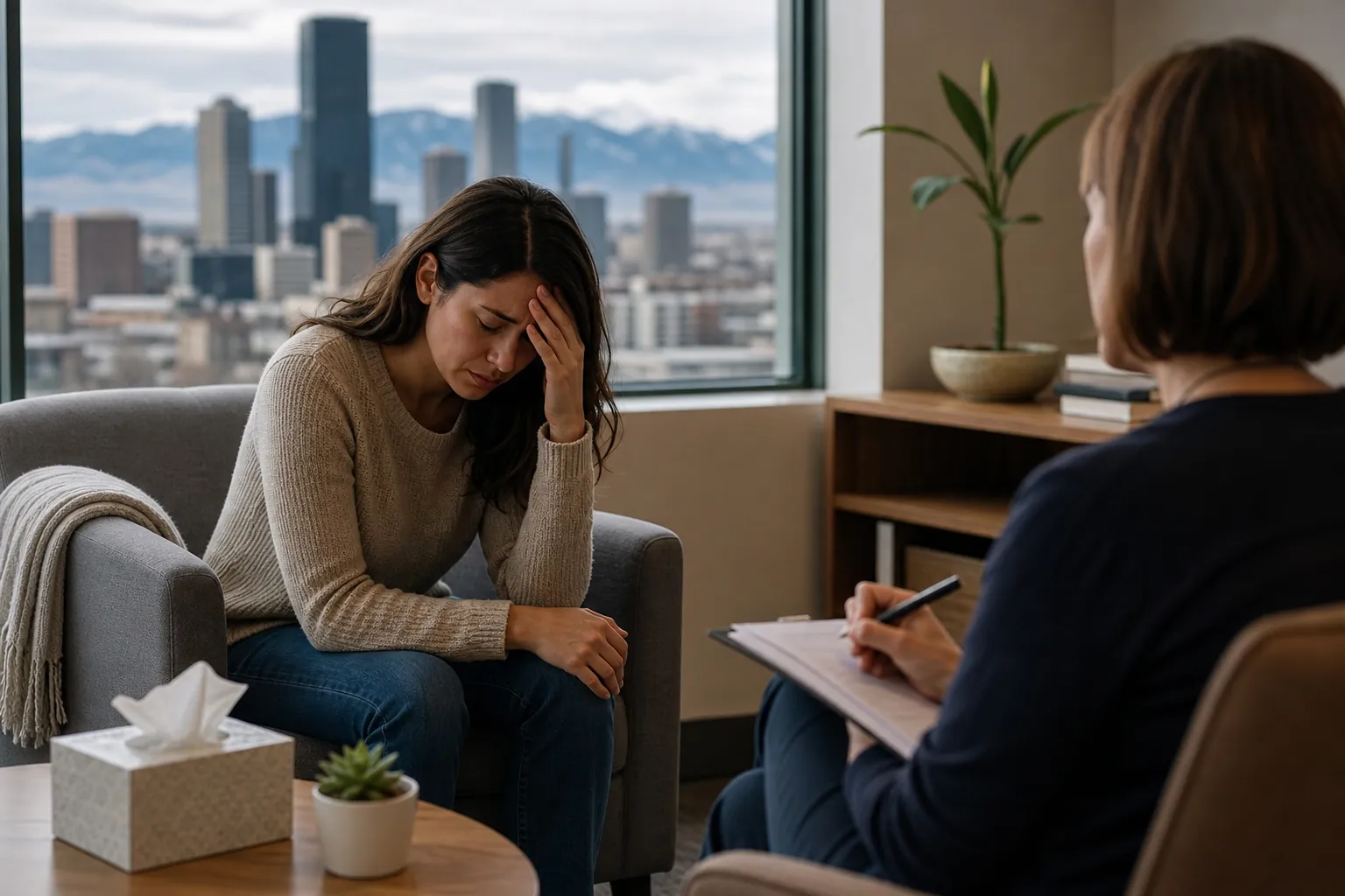 Distressed Woman Talking With a Therapist A distressed woman holds her forehead while a therapist takes notes, with a city skyline and mountains beyond the window.