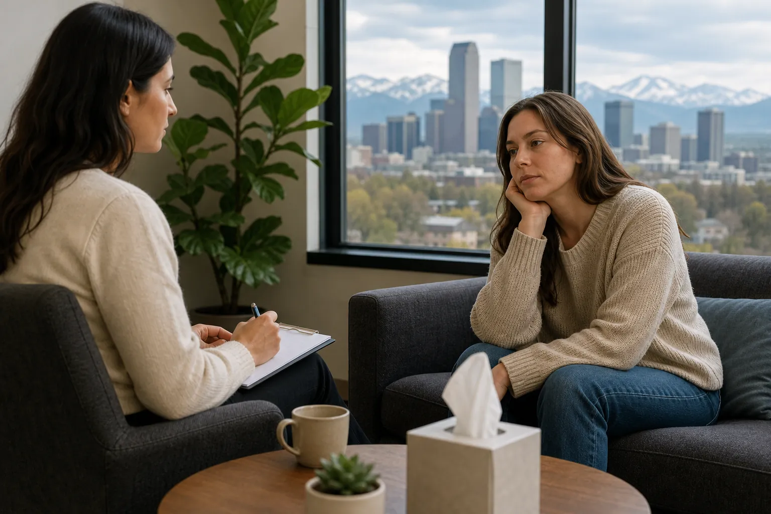 Woman Speaking With a Therapist in a Sunny Office A woman rests her chin on her hand while facing a therapist holding a clipboard, with a city skyline and mountains behind them.