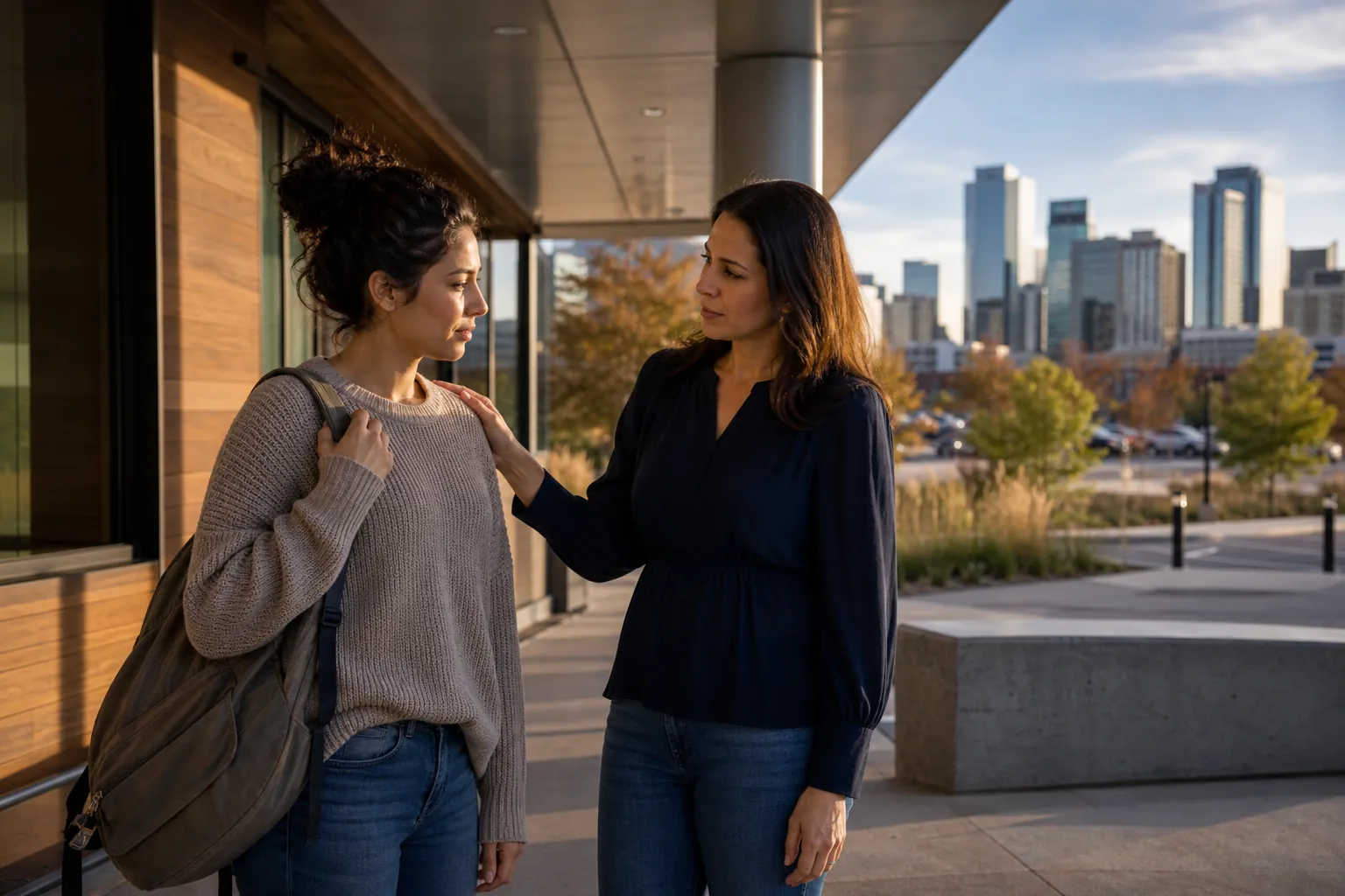 Supportive Conversation Outside a Modern Building Two women stand outside a modern building, one resting a hand on the other's shoulder, with a city skyline behind them.