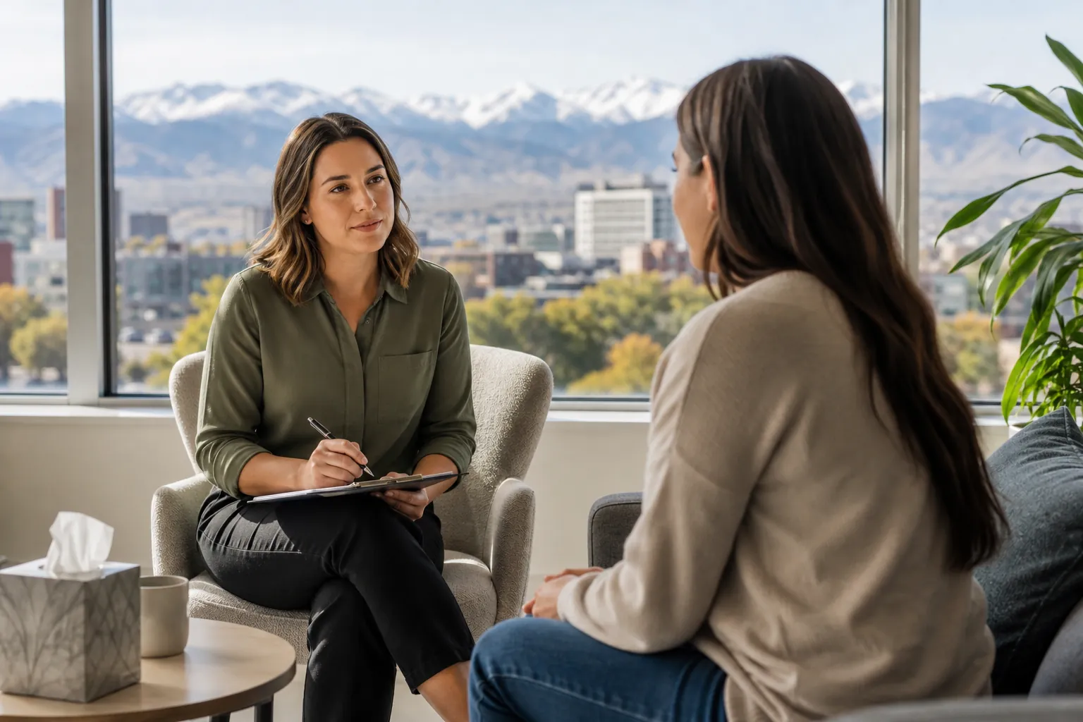 One-on-One Consultation in a Mountain-View Office A woman holding a pen and clipboard talks with another woman in an office overlooking a city and snowcapped mountains.