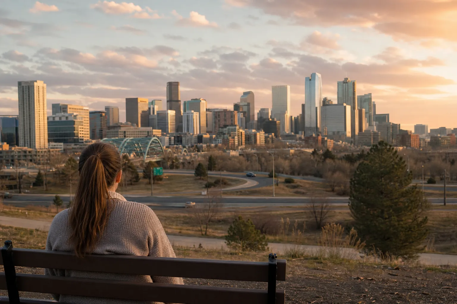 Woman on a Park Bench Overlooking a City at Sunset A woman with a ponytail sits on a park bench, facing a city skyline beneath a cloudy sky at sunset.