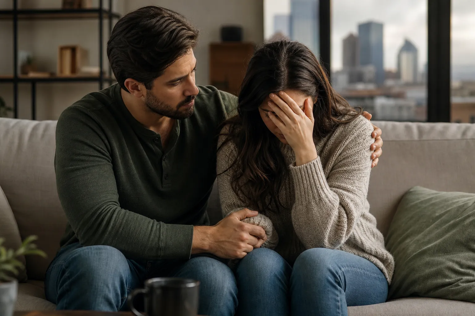Man Comforting a Distressed Woman on a Sofa A man comforts a woman on a sofa, holding her arm and wrapping an arm around her as she covers her face with her hand.
