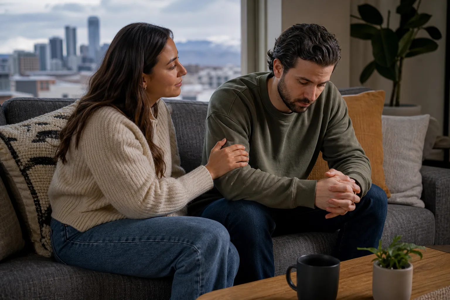 A Gentle Touch of Support on the Sofa A woman rests her hand on a downcast man's upper arm as they sit on a gray sofa beside a window overlooking a city.