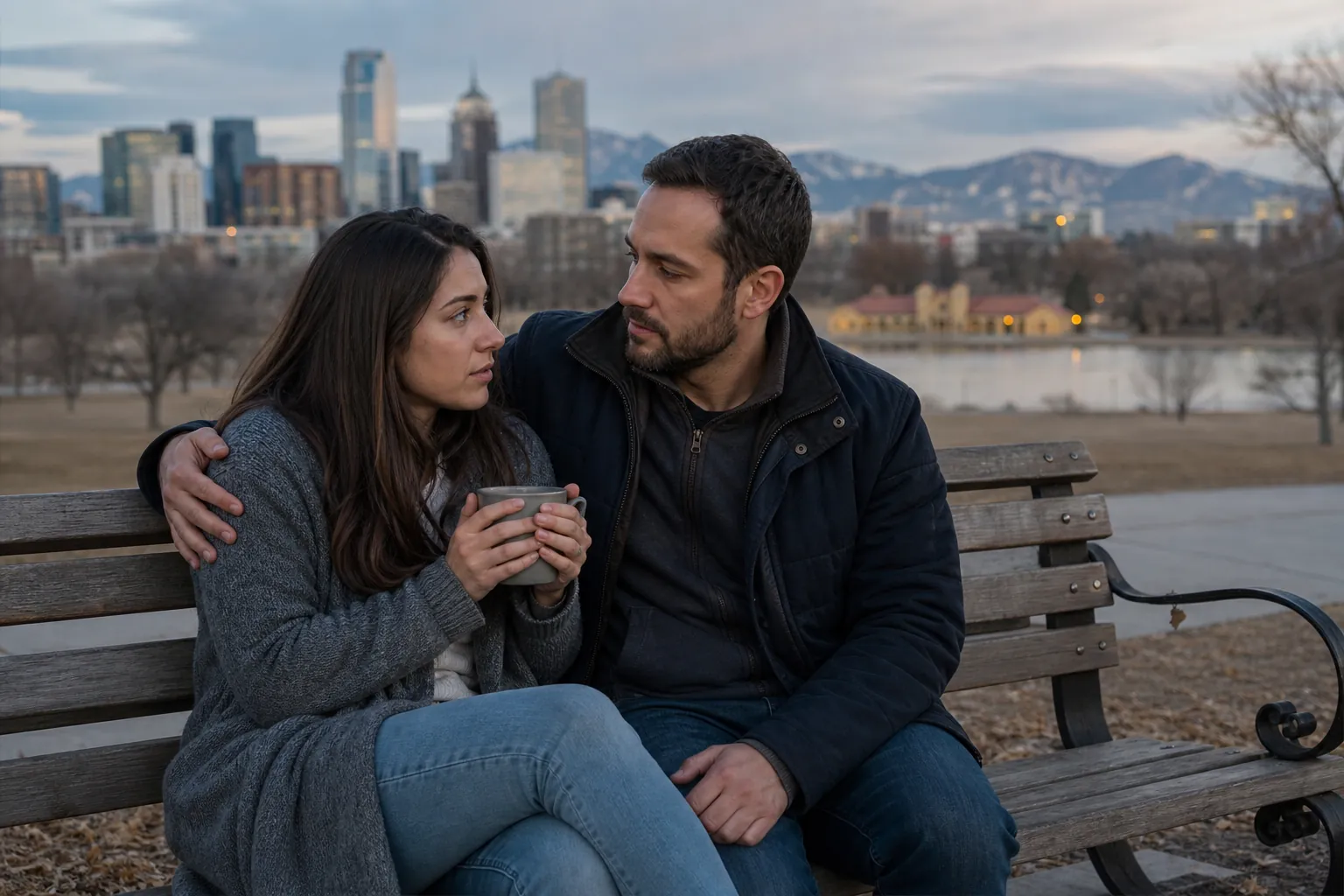 Couple Sharing a Quiet Moment on a Park Bench A man rests his arm around a woman holding a mug on a park bench, with a lake, city skyline and mountains behind them.
