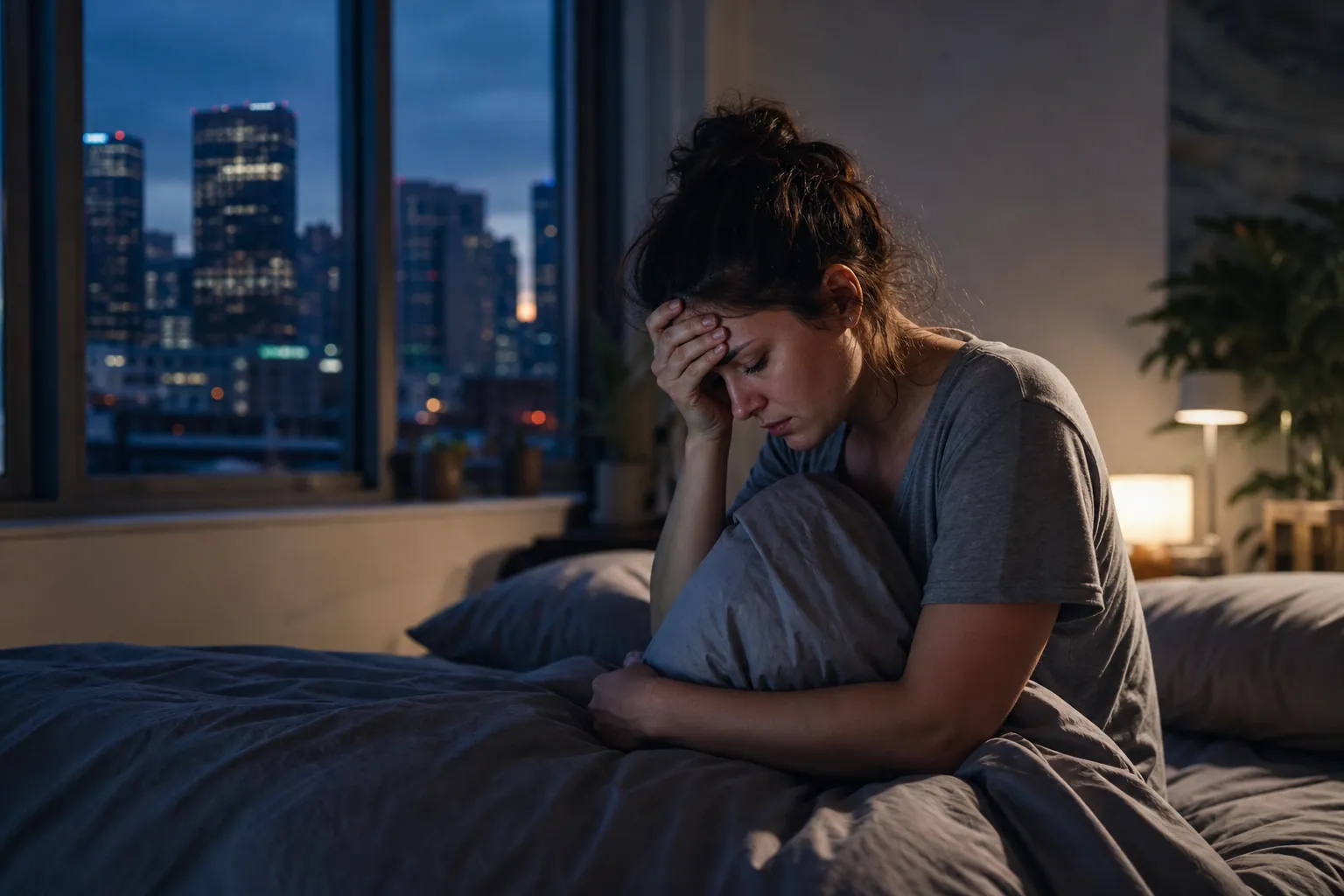 Distressed Woman Sitting Awake in Bed at Night A woman sits in bed at night, holding a pillow and pressing her hand to her forehead beside a city-view window.