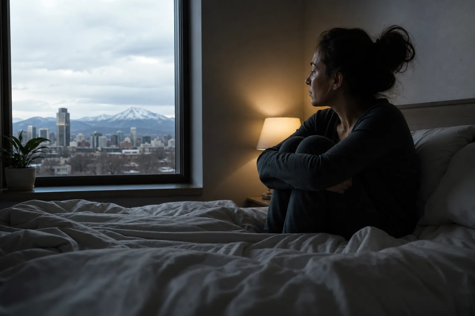 Woman Sitting Awake on a Bed Beside a Window A woman sits on an unmade bed with her knees drawn up, looking out a window toward a city and snowy mountains.