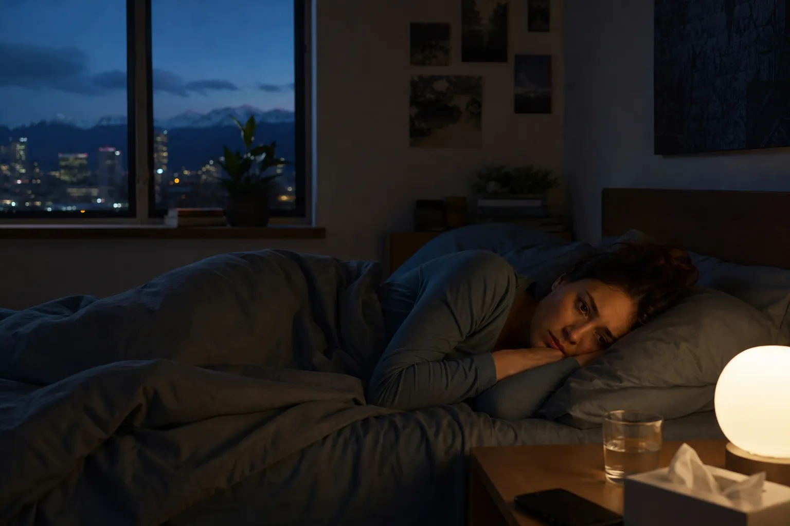 Woman Lying Awake in a Dim Bedroom A woman lies awake on her side under gray bedding in a dim bedroom, beside a glowing lamp and a glass of water.