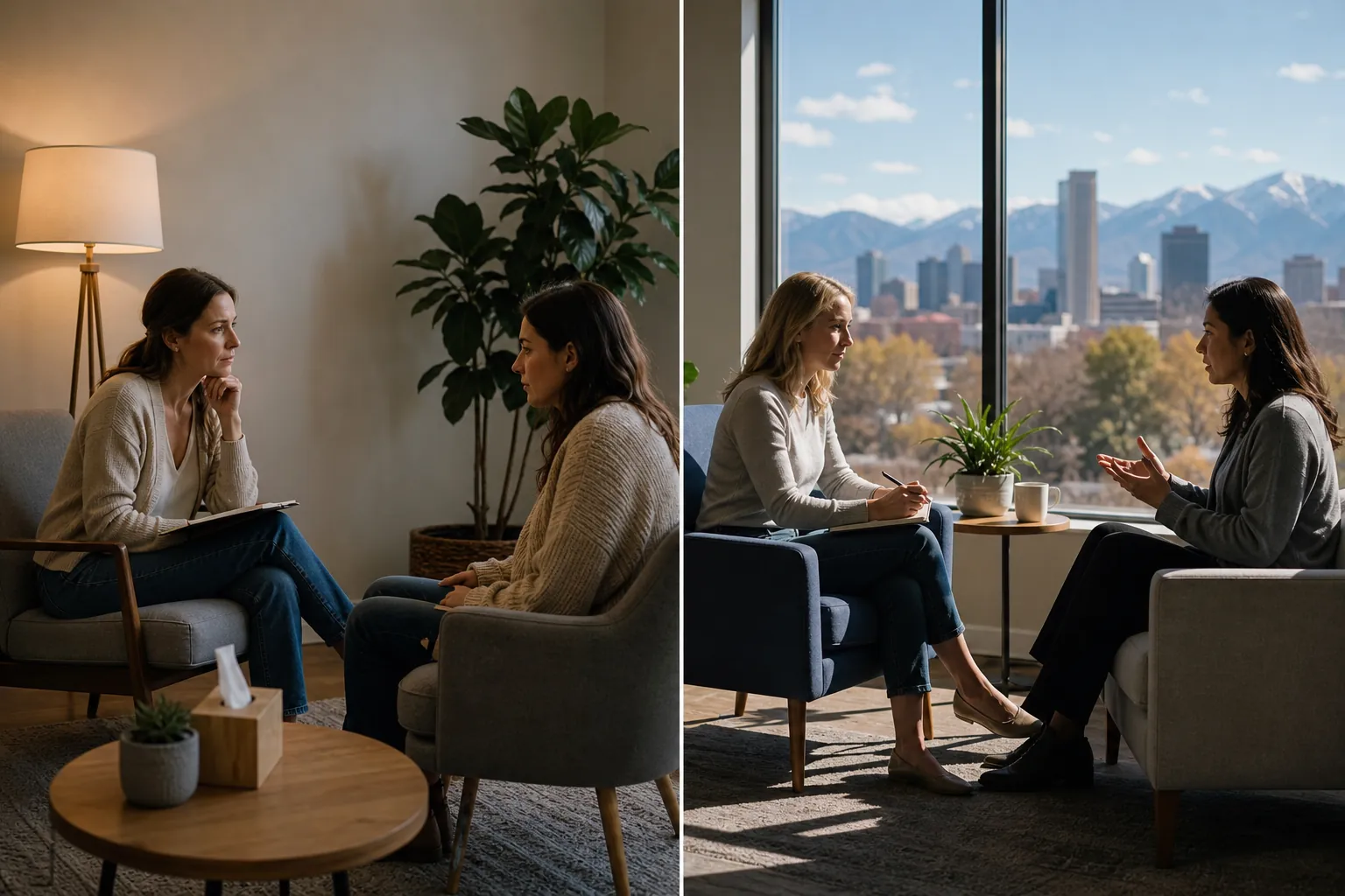 Side-by-Side Therapy Conversations in Two Settings Two side-by-side therapy scenes show women talking in armchairs, one in a softly lit room and one beside a city-view window.