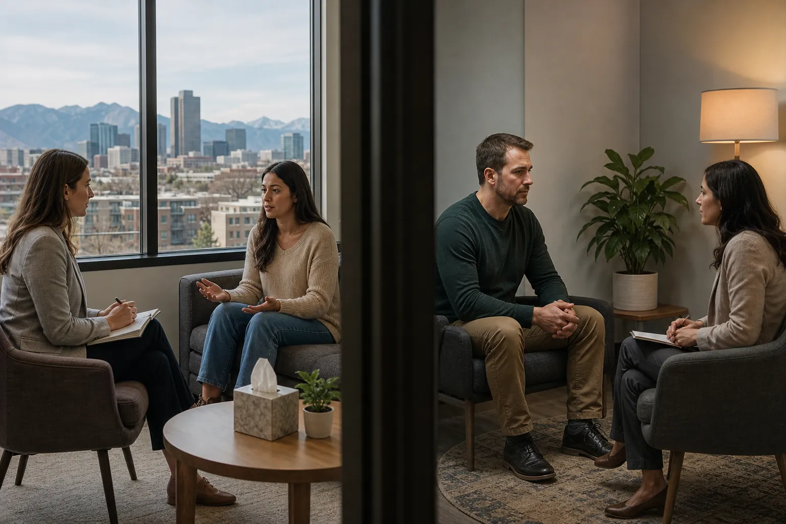 Two One-on-One Therapy Sessions Side by Side Two side-by-side therapy sessions show a woman gesturing to a therapist and a man speaking with another therapist.