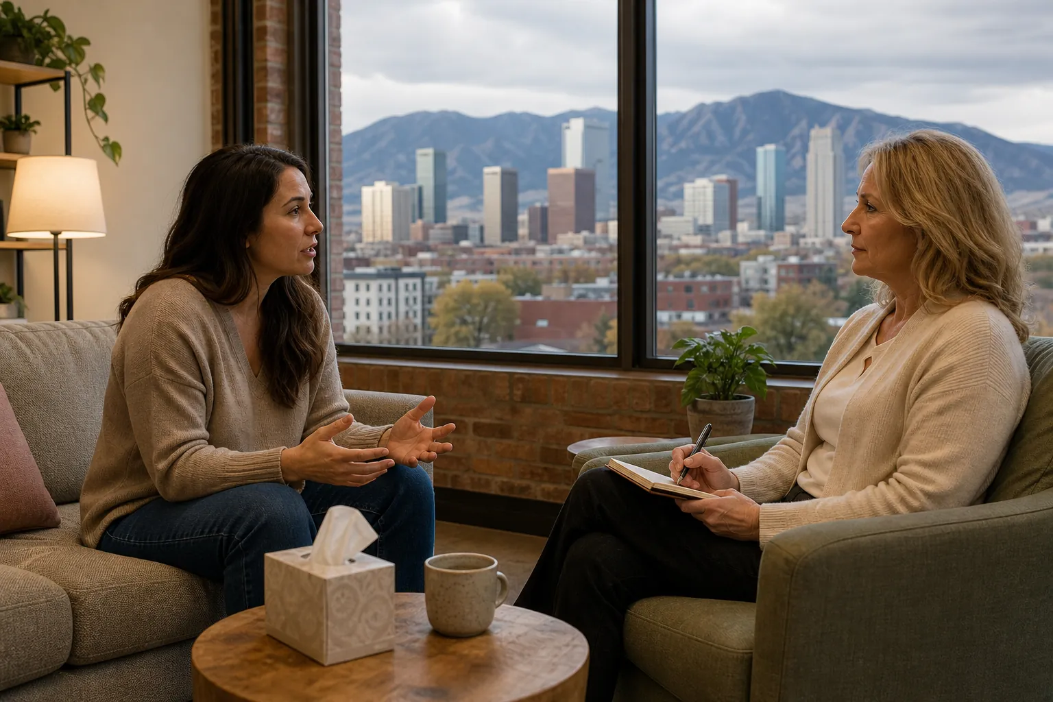 Woman Speaking With a Therapist in a Cozy Office A woman gestures while speaking to a therapist holding a notebook, with city buildings and mountains outside the window.