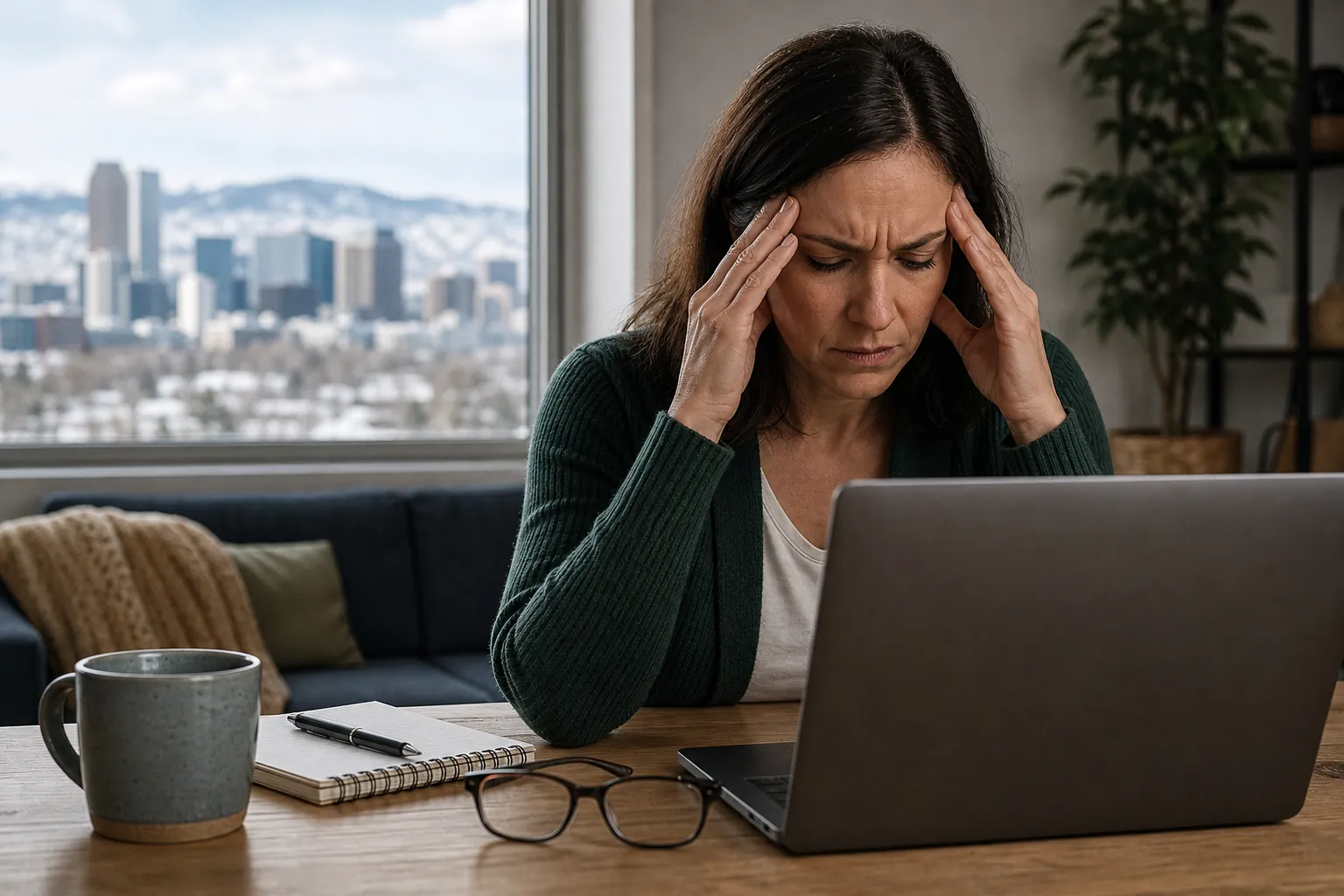 Woman Holding Her Temples While Working at a Laptop A woman presses her temples while sitting at a laptop, with a mug, notebook and glasses on the table and a snowy city outside.