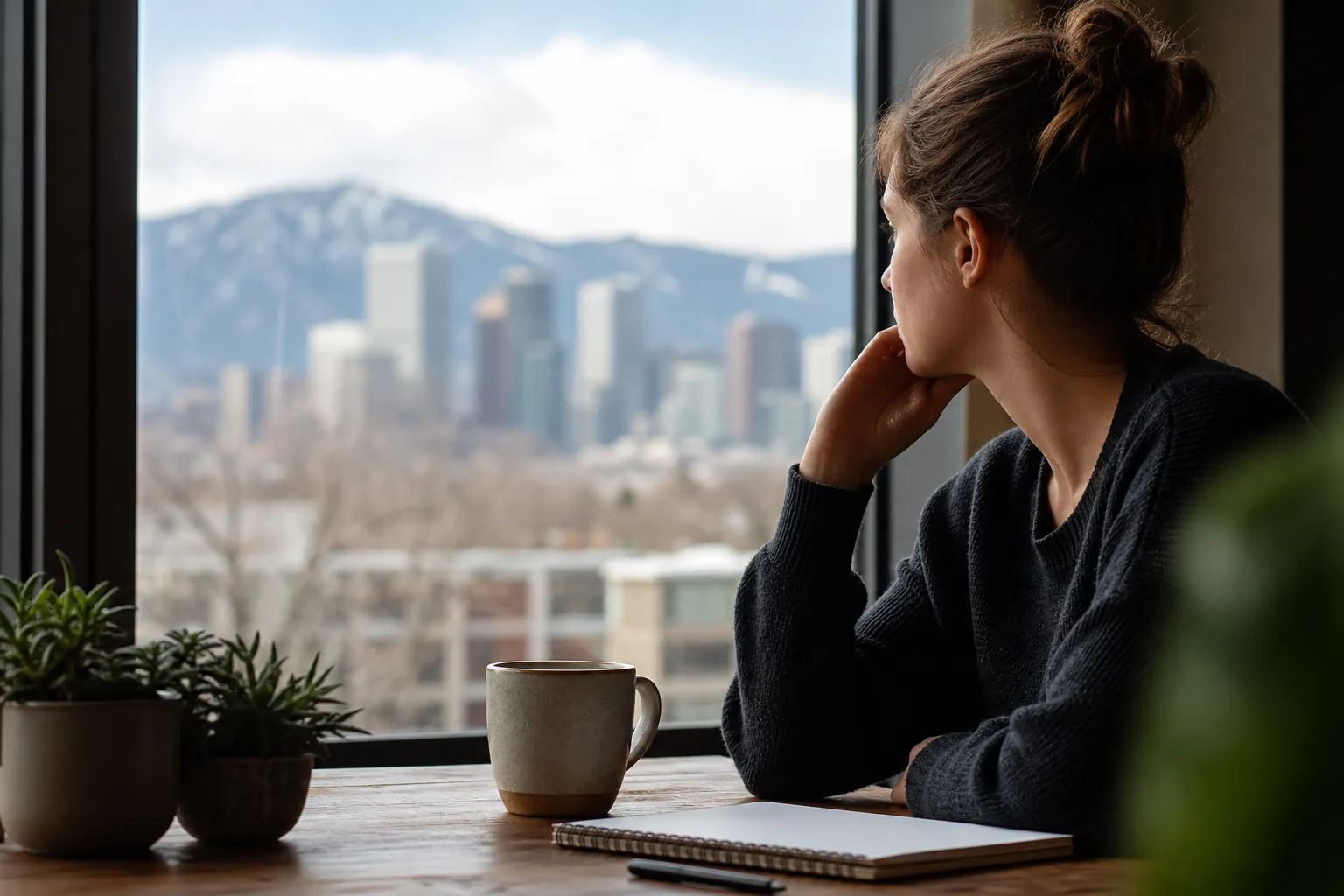 Woman Reflecting Beside a Window With Mountain Views A woman rests her chin on her hand beside a mug, notebook, and plants, looking through a window at a city and mountains.