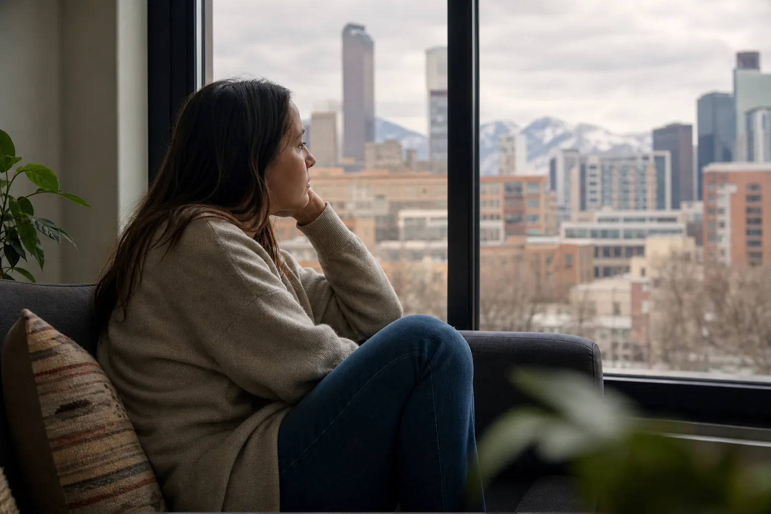 A woman in a beige sweater sits curled up on a dark sofa, looking through a large window at city buildings and snowy mountains.